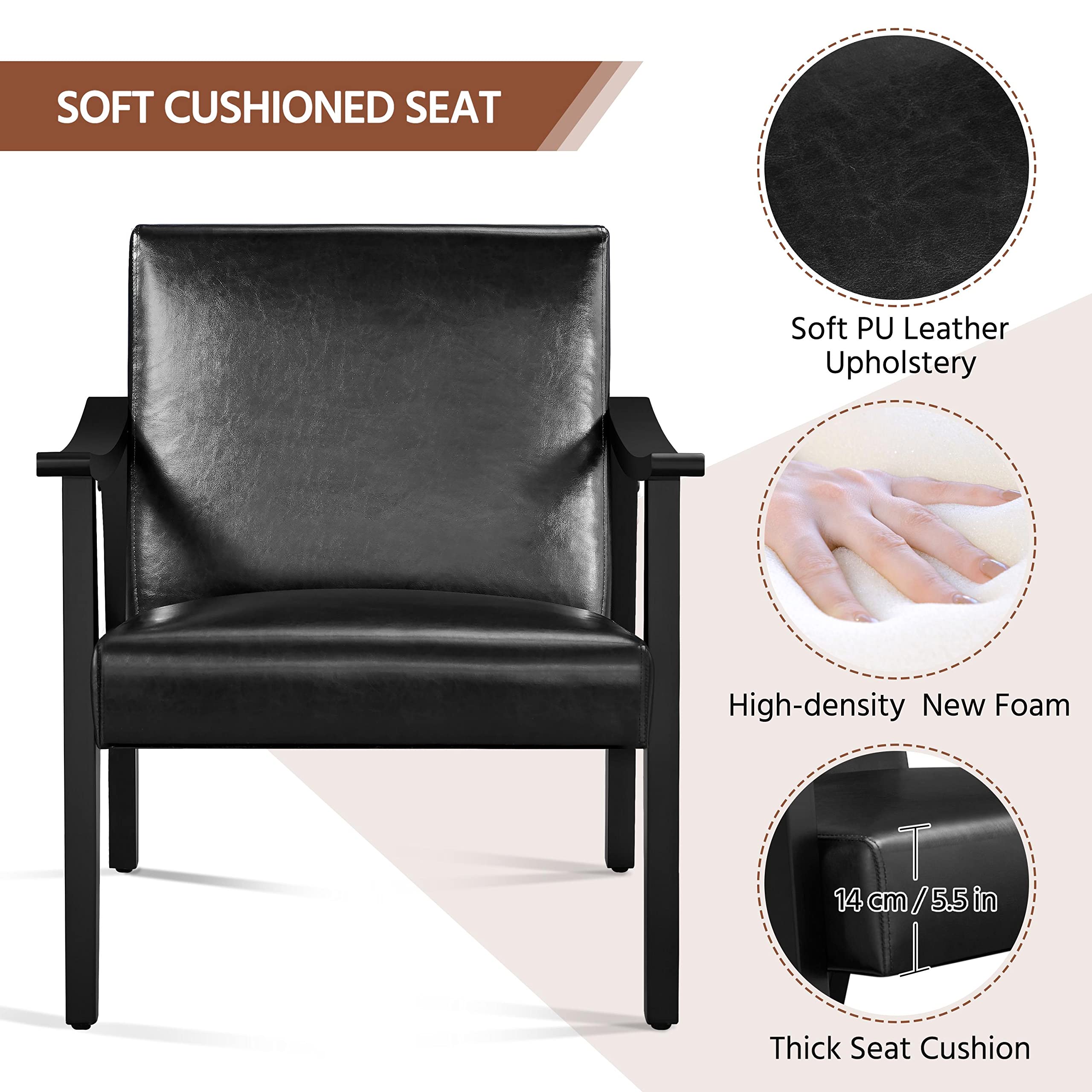PU Leather Accent Chair, Mid-Century Modern Armchair with Solid Wood Legs, Reading Leisure Chair with High Back for Living Room Bedroom Waiting Room, Black