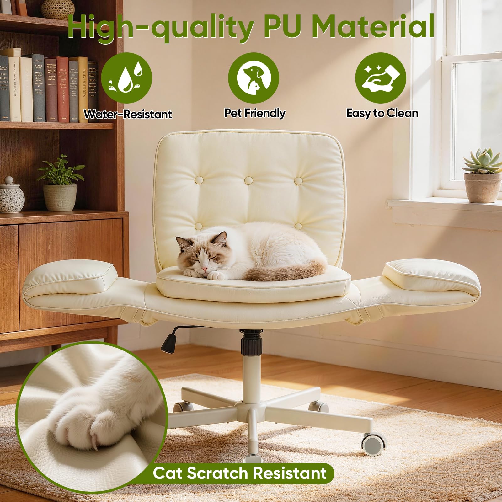 Criss Cross Chair with Wheels & Armrests, Scratch-Resistant PU Leather Vanity Chair, Comfy Wide Height Adjustable Computer Office Desk Chair for Home Office, Make Up, Bedroom (Cream)