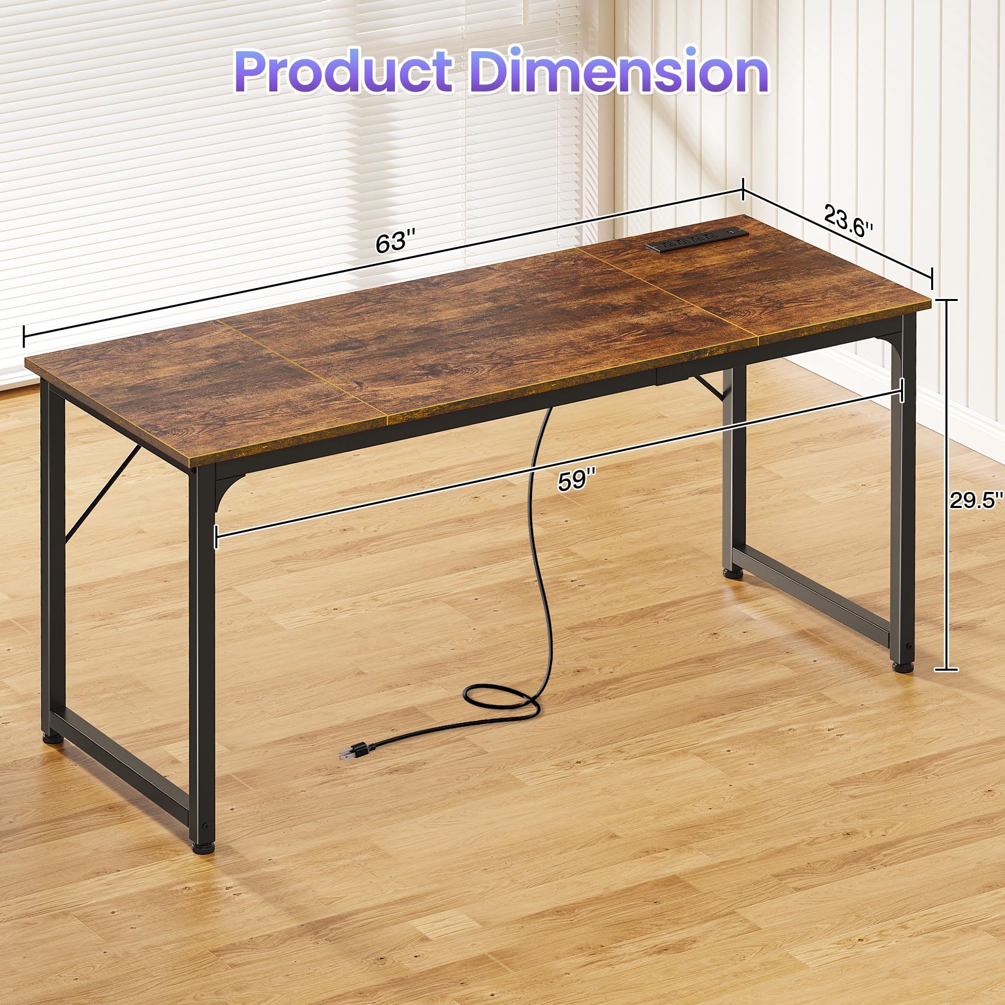 63 X 24 Inch Office Computer Desk with Power Outlets and USB-C Port, Larger and Longer Gaming Desk, for Home Office, Study, Writing Work from Home Table, Metal Frame, White