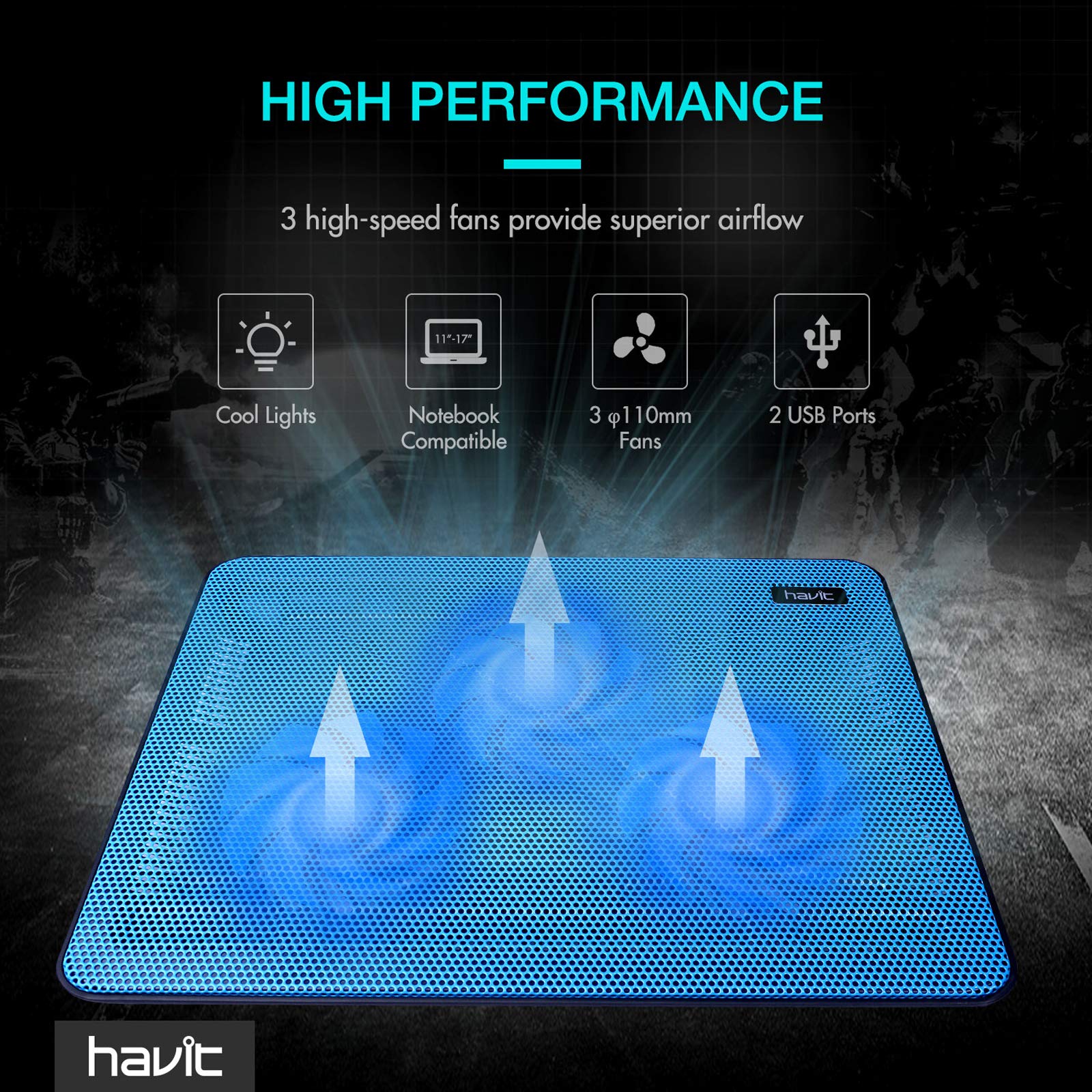 15.6-17 Inch Laptop Cooler Cooling Pad - Slim Portable USB Powered (3 Fans) (Blue)