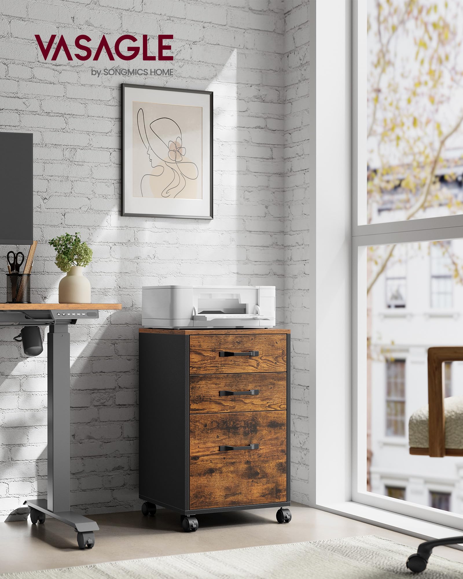 Mobile File Cabinet, 3 Drawers Filing Cabinet with Wheels, for Home Office, for A4, Letter Sized Documents, Adjustable Hanging Rail for File Folders, Rustic Brown and Ink Black