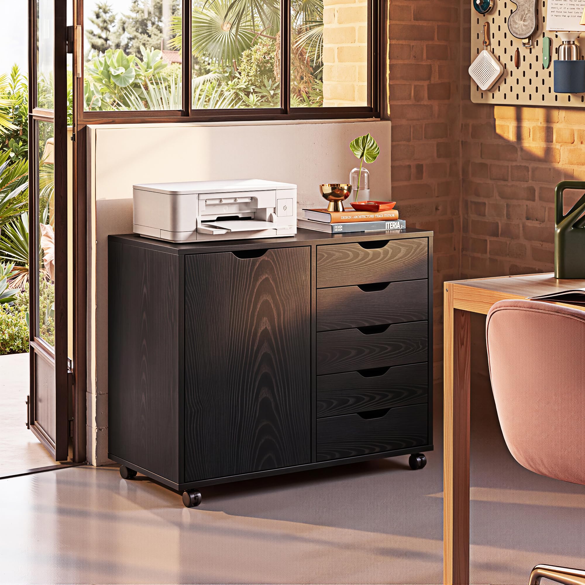 5-Drawer Wood Drawer Cabinet, Office Storage Cabinet, Black
