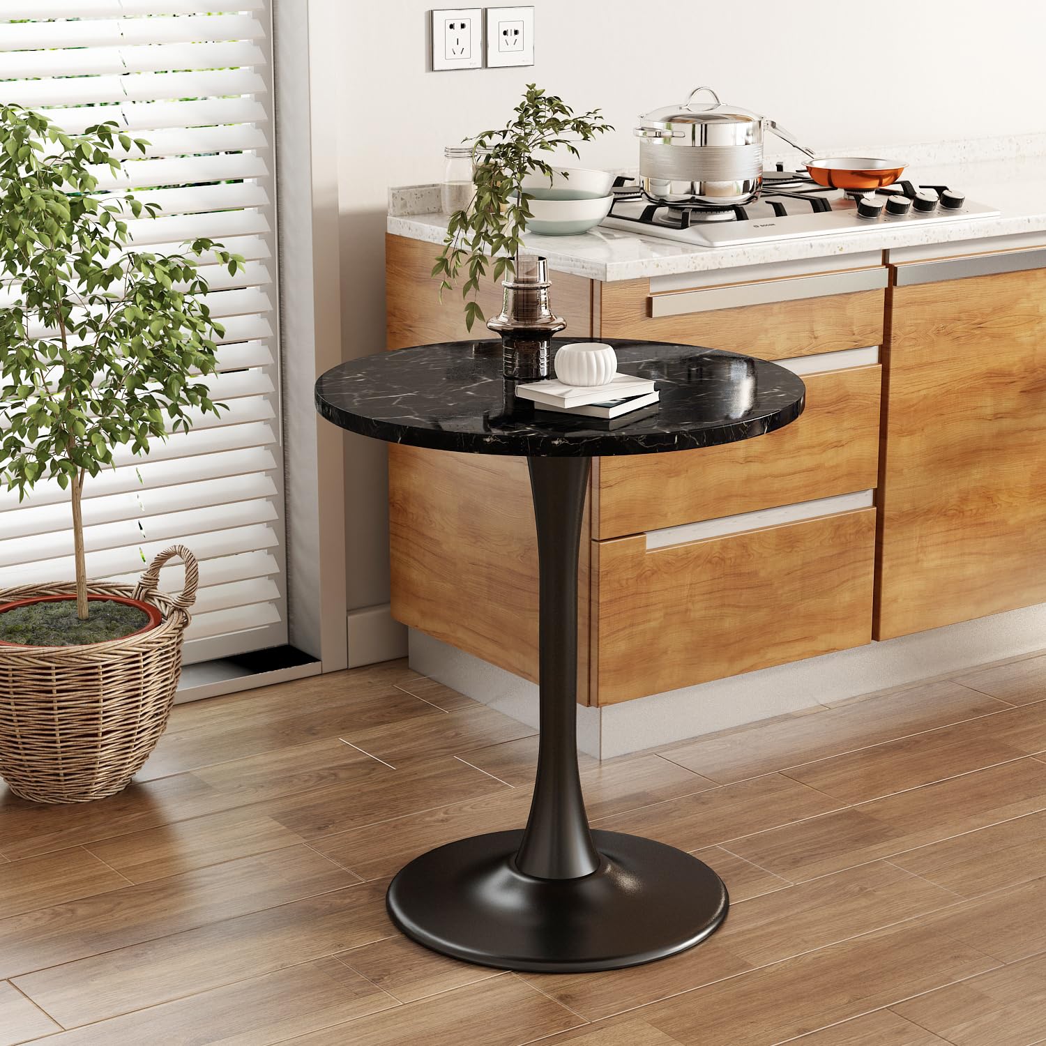 Kasinali Black Marble Round Dining Table 24" Circle Tulip Table with Thickened Tabletop & Sturdy Metal Pedestal Mid Century Modern Leisure Bistro Kitchen Tables 2 People Small Places Living Room Cafe
