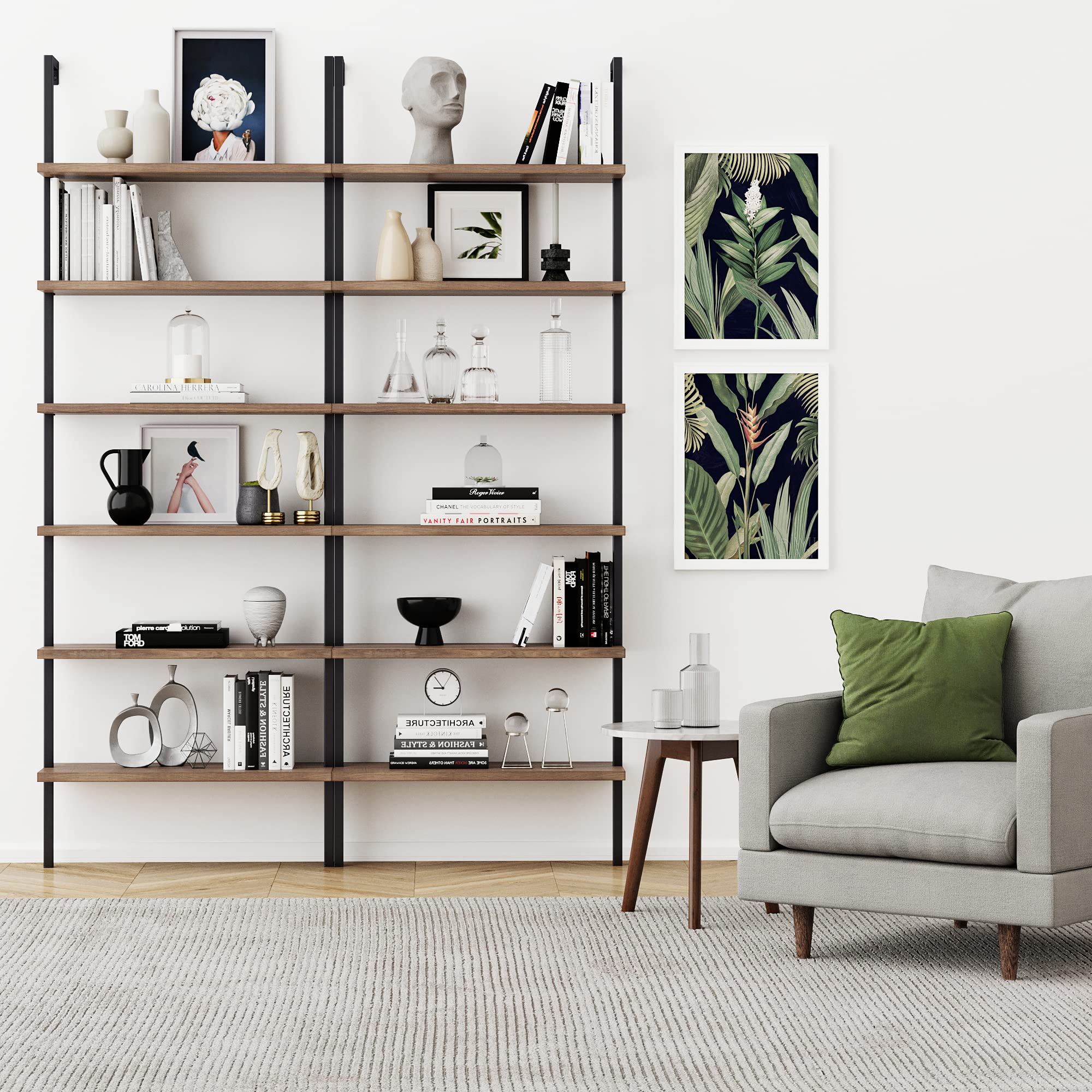 6-Shelf Tall Bookcase, Wall Mount Bookshelf with Reclaimed Wood and Industrial Metal Frame, Oak/Black