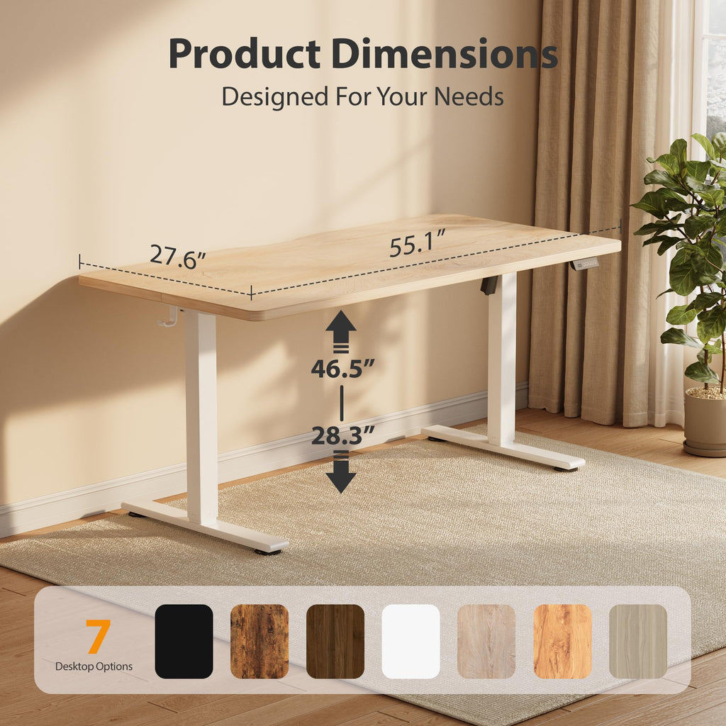 Standing Desk, 55x28 Inches Sit Stand Home Office Desk, Electric Stand up Desk, Adjustable Desk with Splice Board, White Frame/Maple Top