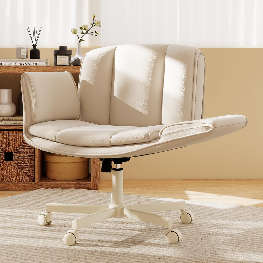 Criss Cross Chair with Wheels & Armrests,Comfy Wide Vanity Chair,Scratch-Resistant Pu Leather Cross Legged Desk Chair,Height Adjustable Computer Office Desk Chairs for Home,Makeup,Bedroom