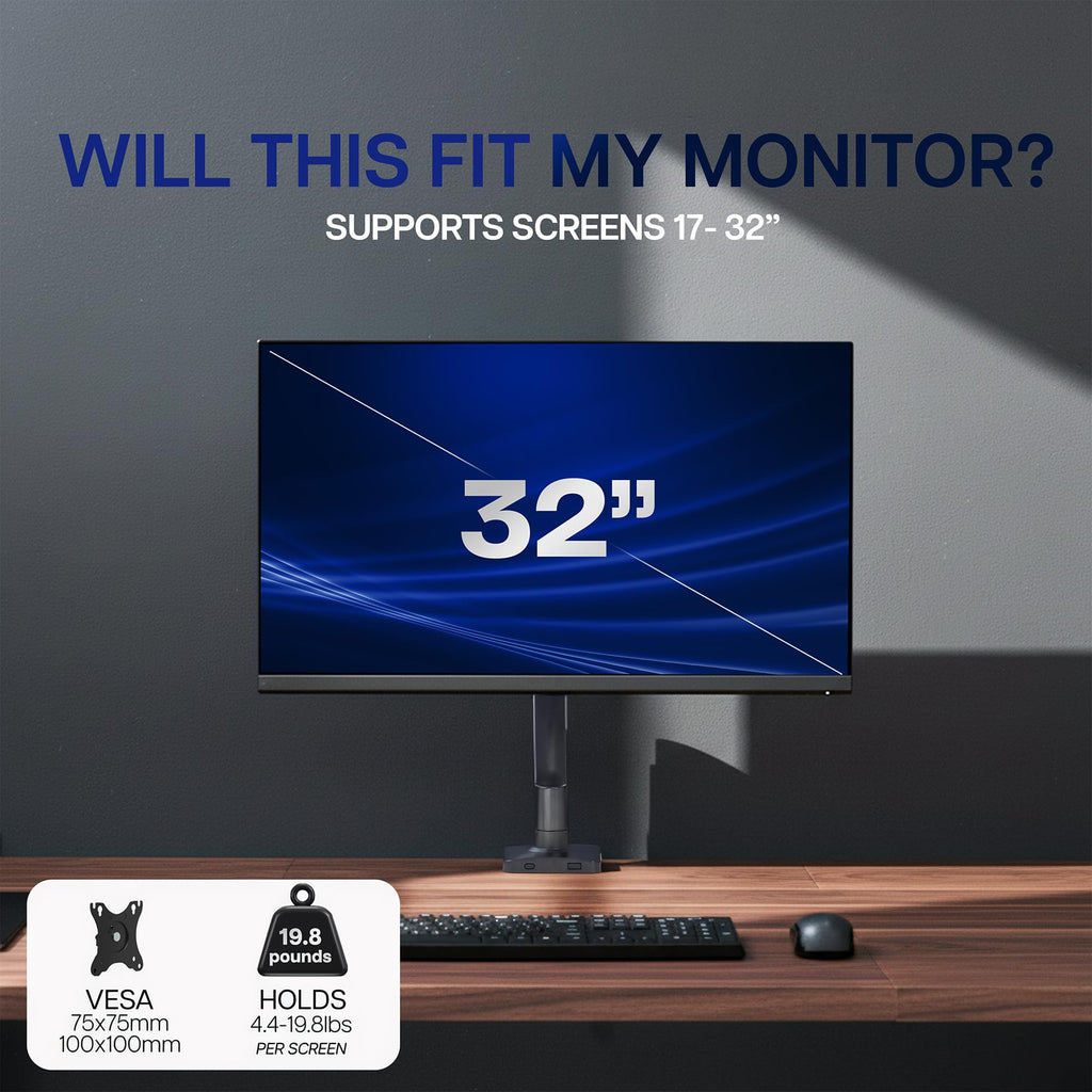 Single Monitor Stand, Fully Adjustable Arm for 17 to 32 inch Screen, Mechanical Articulating Desk Mount, Gaming and Office Setups, VESA 75x75, 100x100, Max 19.8 lbs, Classic, Black, STAND-V001O