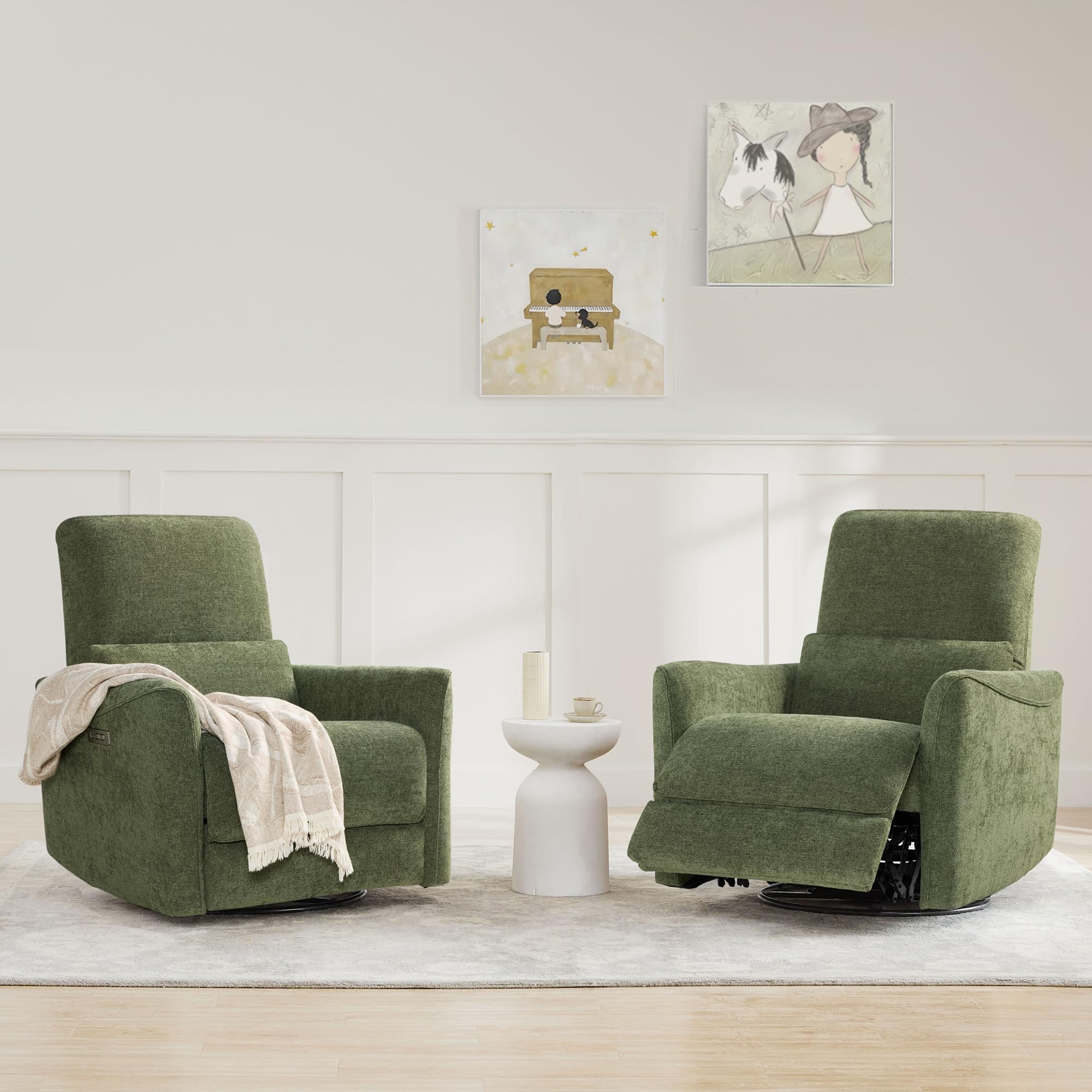 Power Recliner Chair Swivel Glider, FSC Certified Upholstered Living Room Nursery Reclining Sofa Chair with Lumbar Support, Green