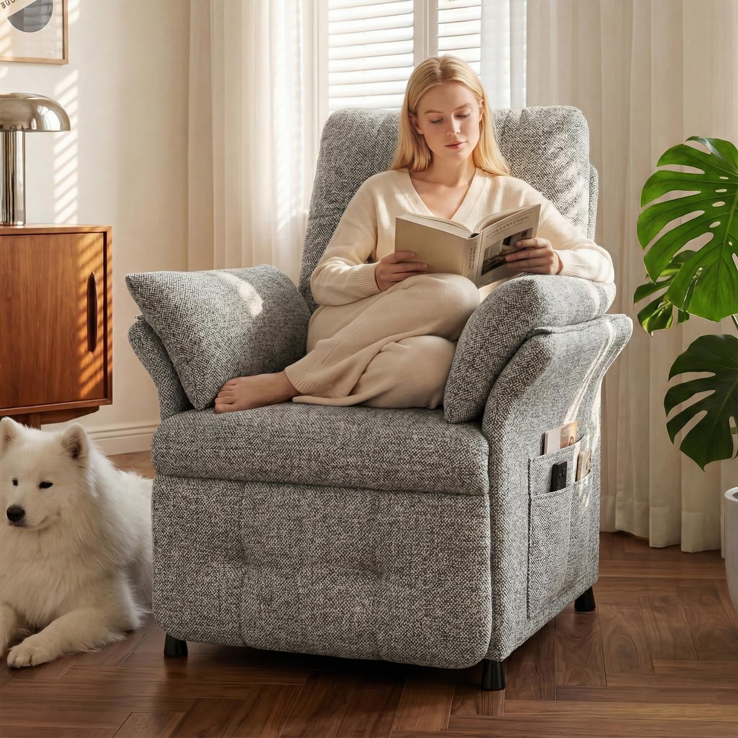Power Recliner Chair for Adults with Heat & Massage - Linen Electric Reclining Sofa with Remote Control, 3 Side Pockets, 180° Lay Sleeper for Living Room Home Theater, Light Grey
