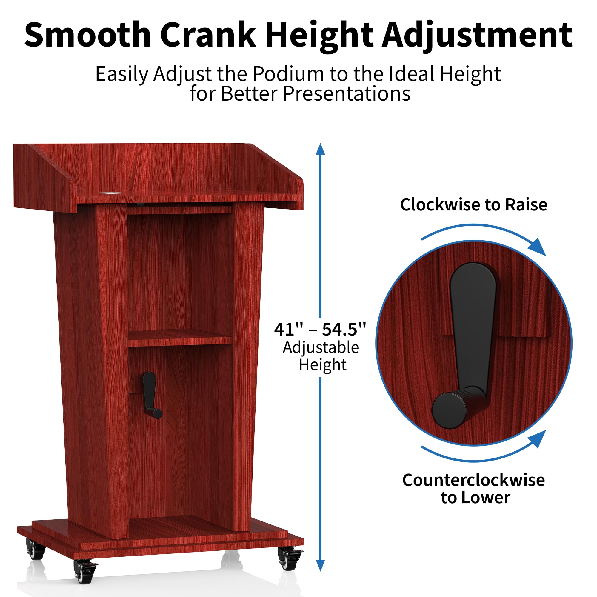 Wooden Podium Stand with Wheels, 41”–54.5” Height Adjustable Lectern, Mobile Podium with Crank Lift, Stable Base & Storage Shelf, Elegant Pulpit for Churches, Schools, Seminars and Auditoriums