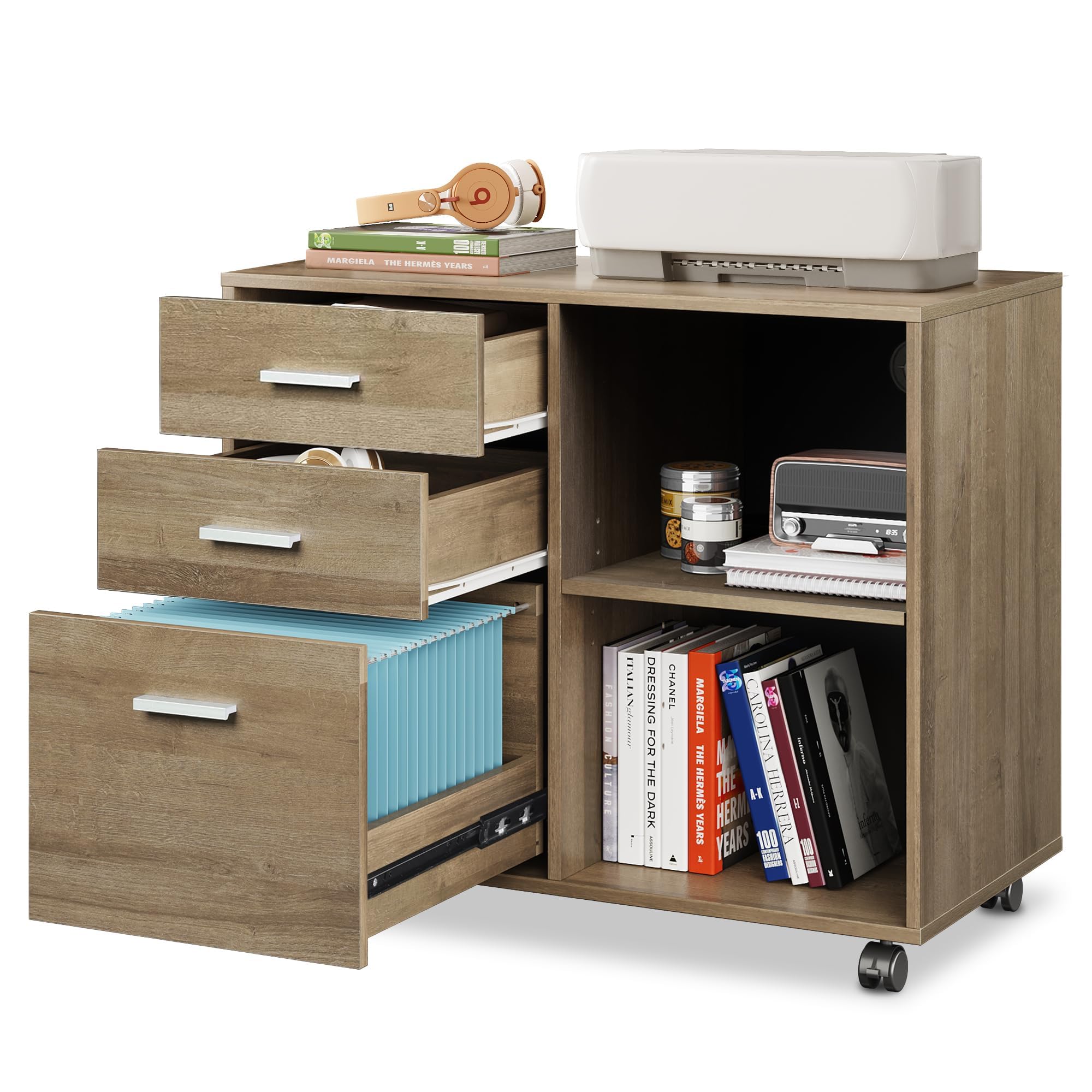 Wood File Cabinet, 3 Drawer Lateral Filing Cabinet, Gray Oak