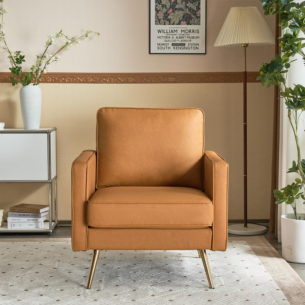 Modern PU Leather Accent Chair Comfy Chair Arm Chair Reading Chair with Golden Metal Legs and Deep Seat for Office,Apartment,Small Space,Cognac