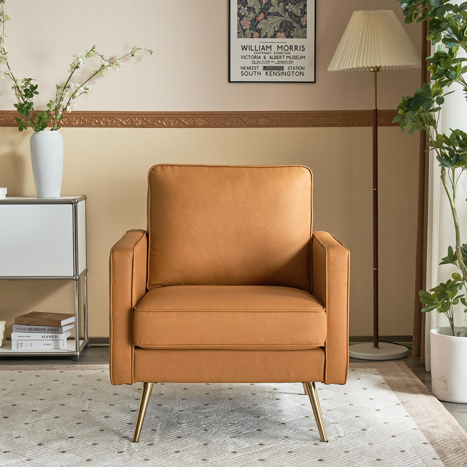 Modern PU Leather Accent Chair Comfy Chair Arm Chair Reading Chair with Golden Metal Legs and Deep Seat for Office,Apartment,Small Space,Cognac
