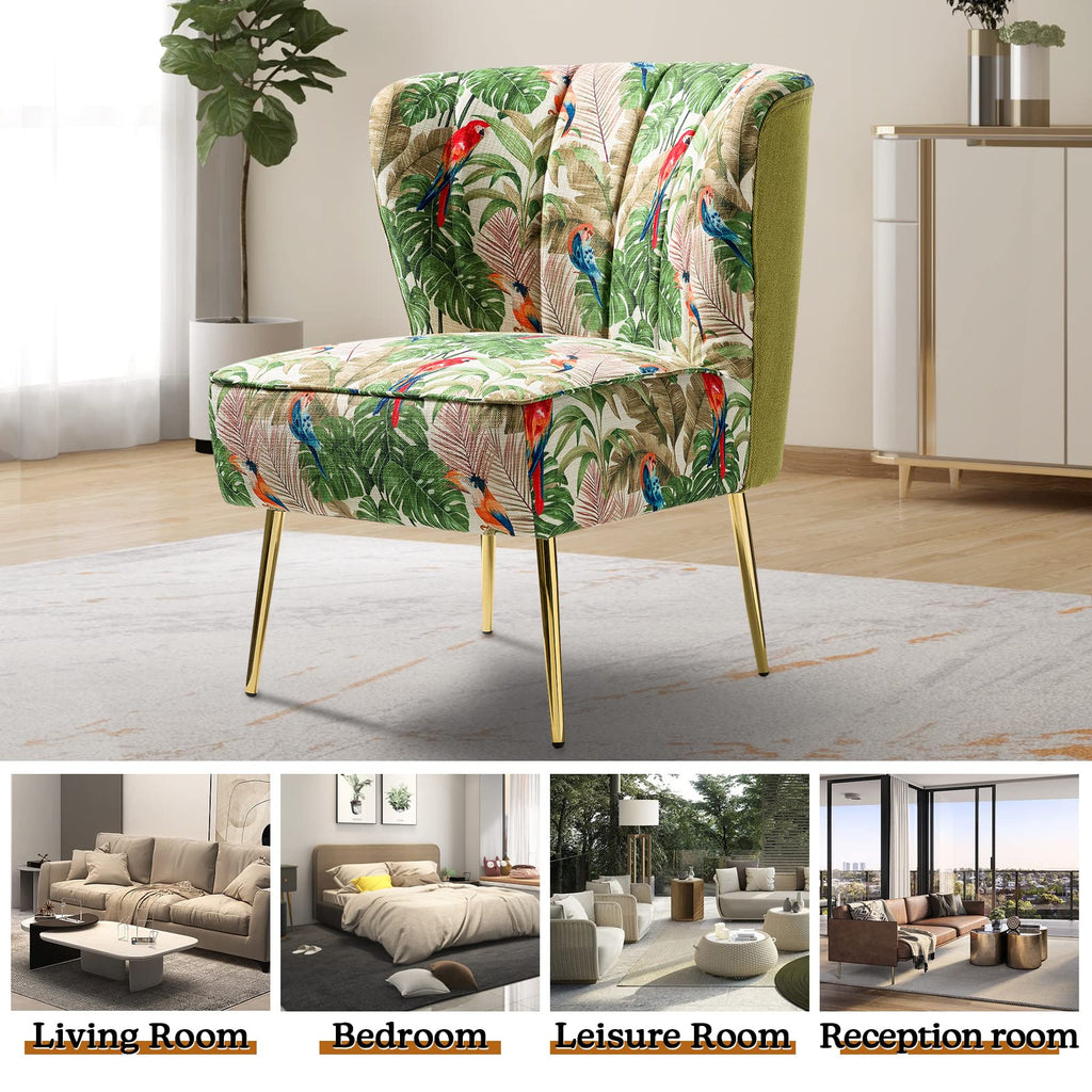 Accent Chair Set of 2 with Golden Legs, Comfy Print Living Room Chair, Wingback Small Armless Side Chair, Upholstered Tufted Slipper Chair for Bedroom, Reading Room(Tropical Parrot, Green)