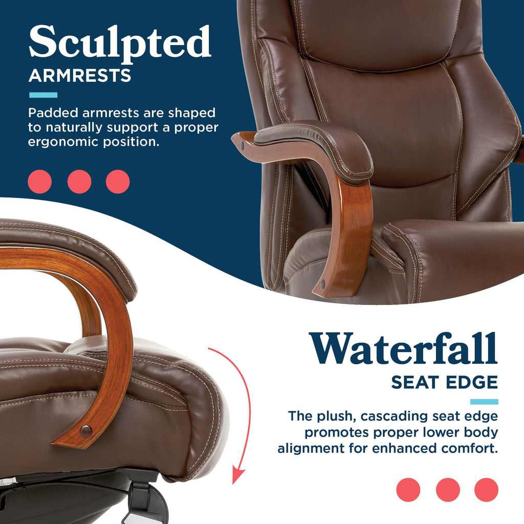 Delano Big and Tall Executive Office Chair - Ergonomic Lumbar Support Memory Foam - Bonded Leather Desk Chair for Home Office - Mahogany Wood Arms - Chestnut Brown