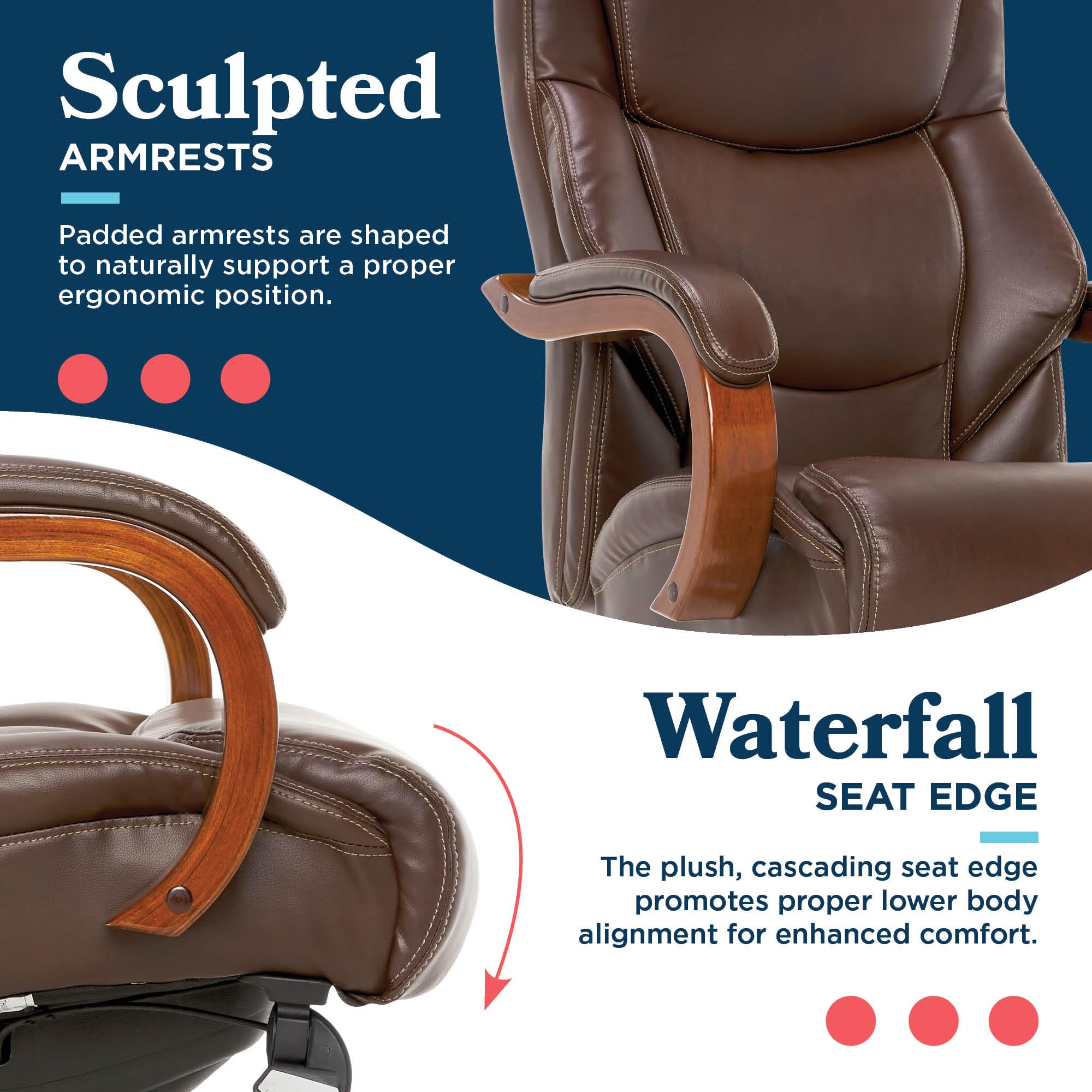 Delano Big and Tall Executive Office Chair - Ergonomic Lumbar Support Memory Foam - Bonded Leather Desk Chair for Home Office - Mahogany Wood Arms - Chestnut Brown
