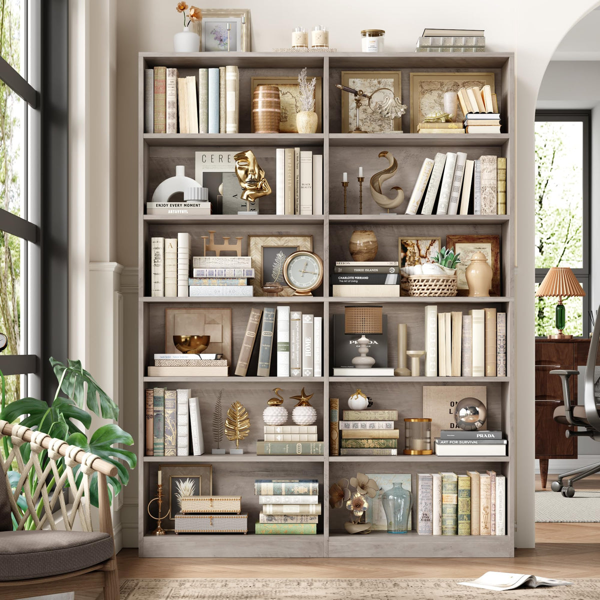 Bookshelf Tall Bookcase, 6-Tier Double Wide Bookshelves,Wash Grey
