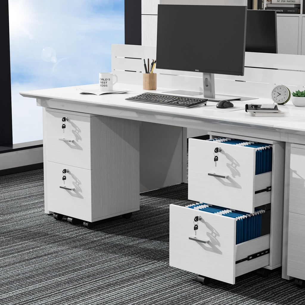 2 Drawer File Cabinet with Lock, Wood Grain White File Cabinets for Letter Size File Folders with Tabs, Mobile Under Desk Filing Cabinets for Home Office, Rolling Filing Cabinet Printer Stand