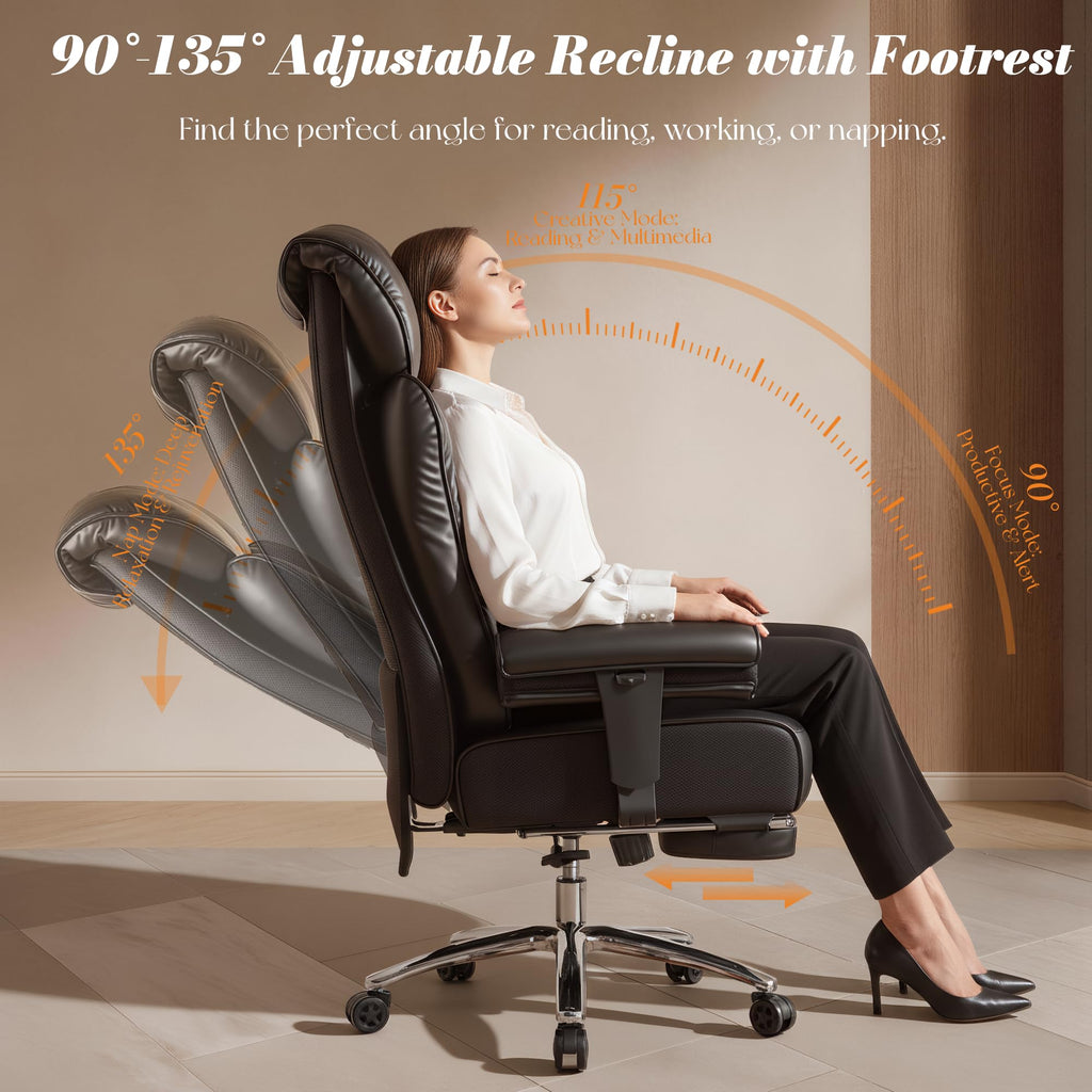 Big and Tall Office Chair 400 lbs Capacity, Oversized Executive Desk Chair with Footrest, Extra Wide 23" Seat, High Back Ergonomic PU Leather Home Office Chair， Black