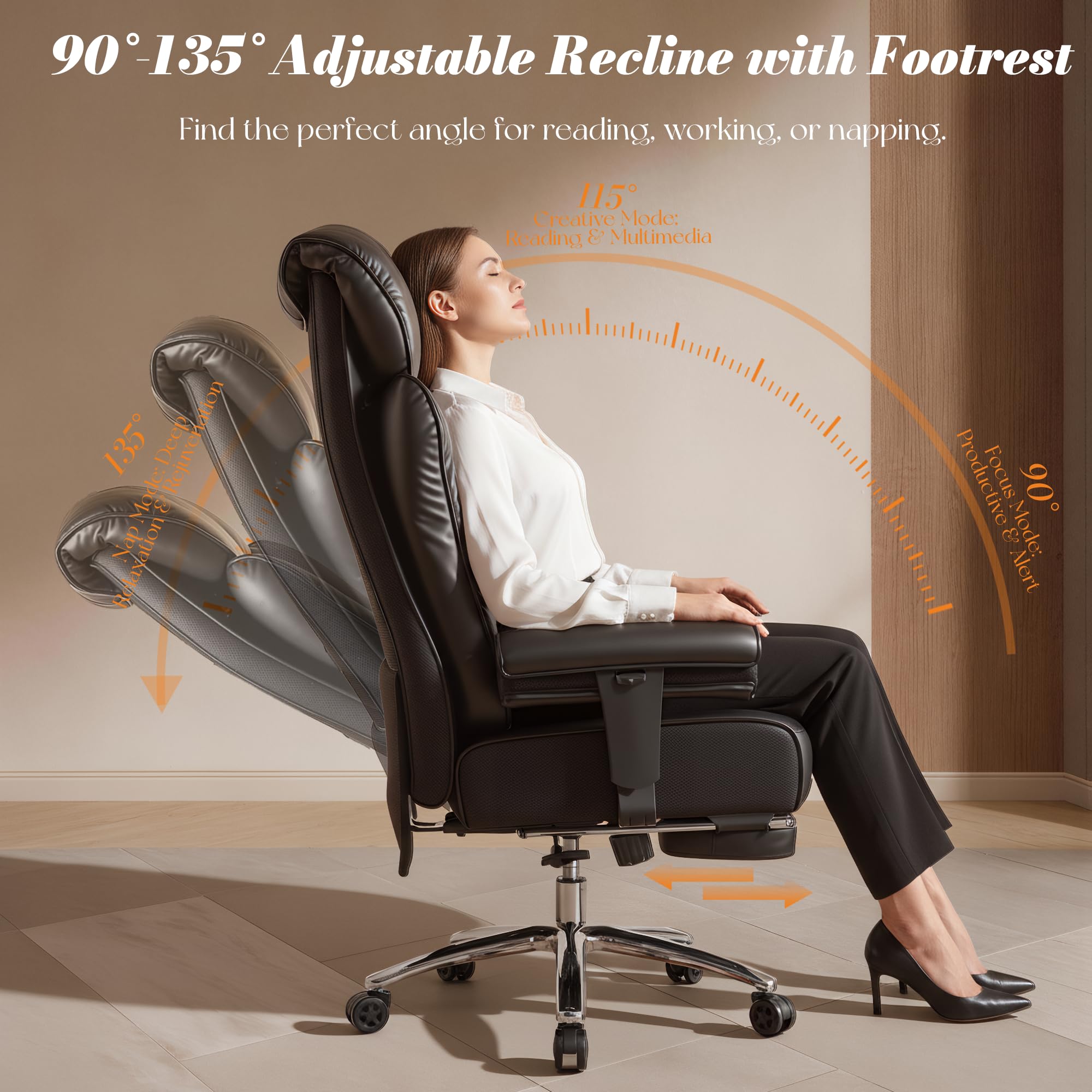 Big and Tall Office Chair 400 lbs Capacity, Oversized Executive Desk Chair with Footrest, Extra Wide 23" Seat, High Back Ergonomic PU Leather Home Office Chair， Black