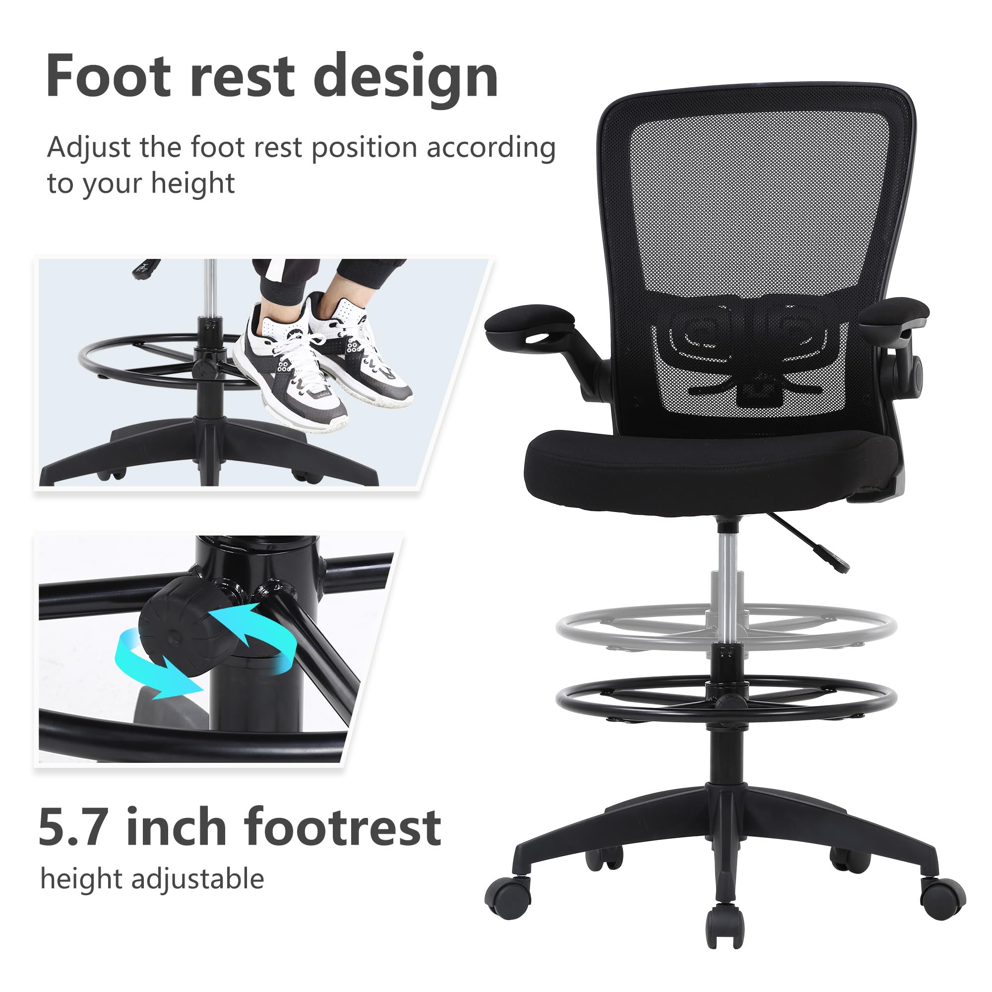Drafting Chair Tall Office Chair Adjustable Height with Lumbar Support Flip Up Arms Footrest Mid Back Task Mesh Desk Chair Computer Chair Drafting Stool for Standing Desk (B-Black)