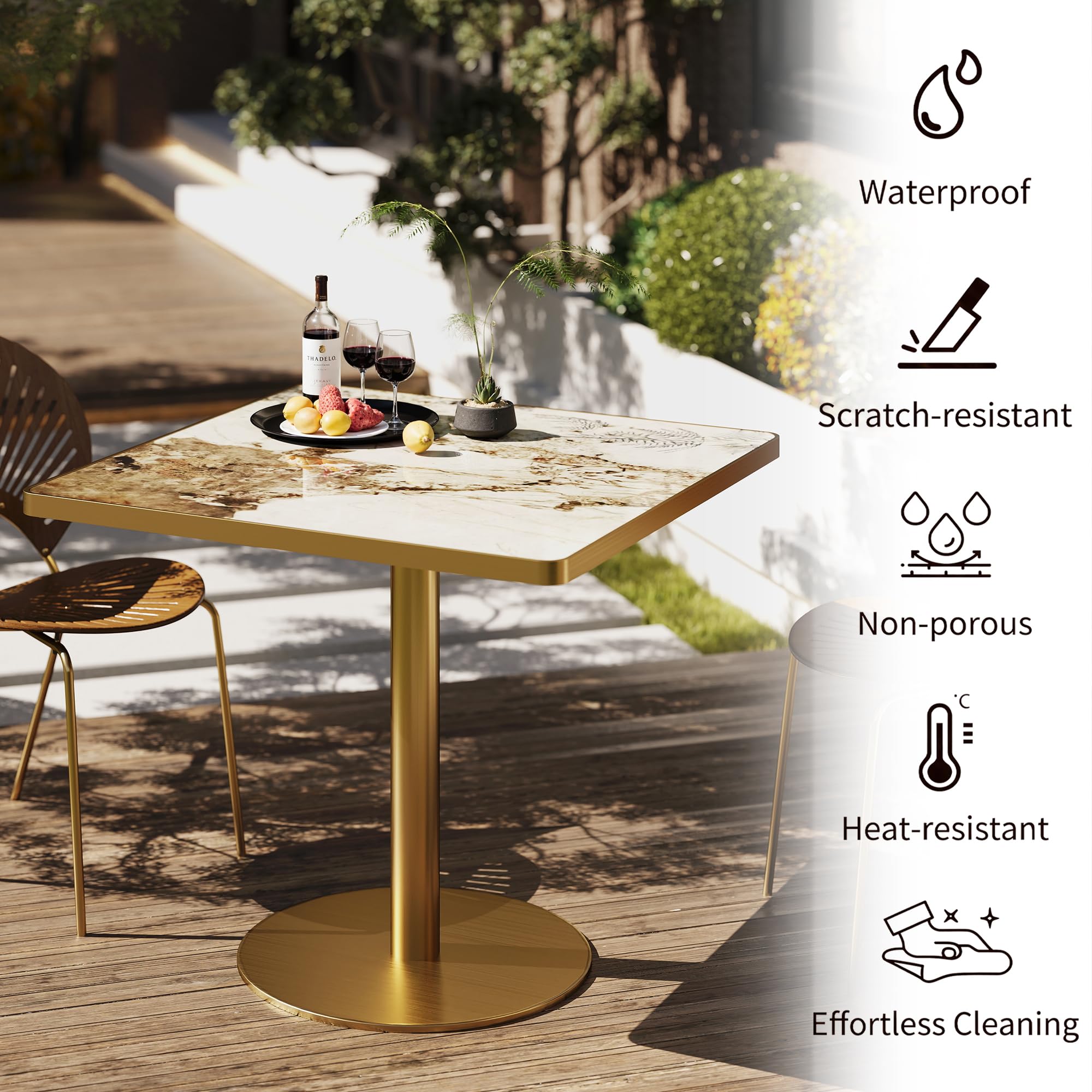 hausway 31.5" Tulip Table,Square Kitchen Dining Table for 2-4 with Thick Sintered Stone Top,Titanium Golden Pedestal Base,Heat-Resistant,Bistro Table for Dining Room,Café,Small Space（Cloud Amber）
