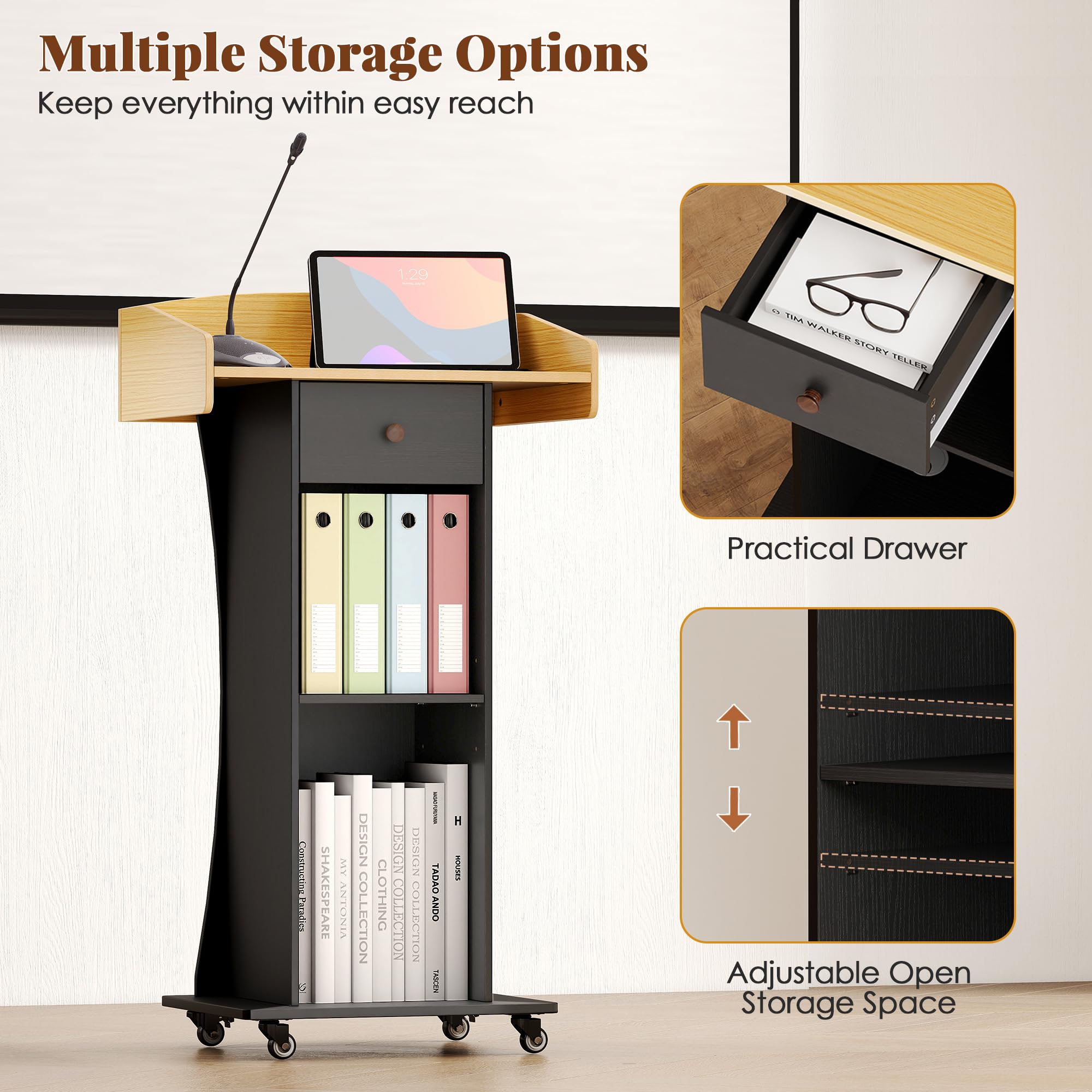 Podium Stand with Metal Wheels Wooden Teacher Lectern Portable Pulpit Standing with Drawer and Adjustable Shelf Mobile Rolling Reception Podiums for Church Office Classroom Lecture Meeting,Black+Oak