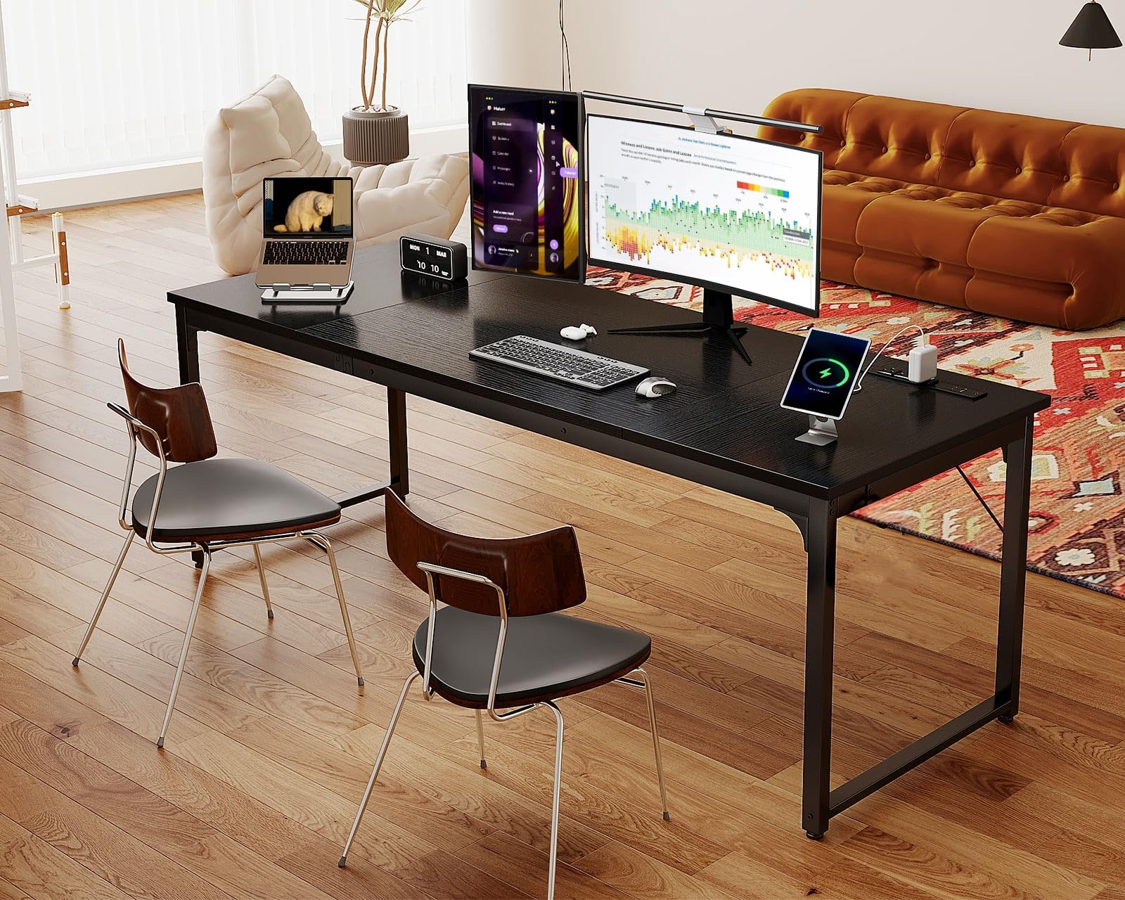71 Inch Computer Desk with USB Ports, Large Office Desk, Long Study Student Writing Desk, Black