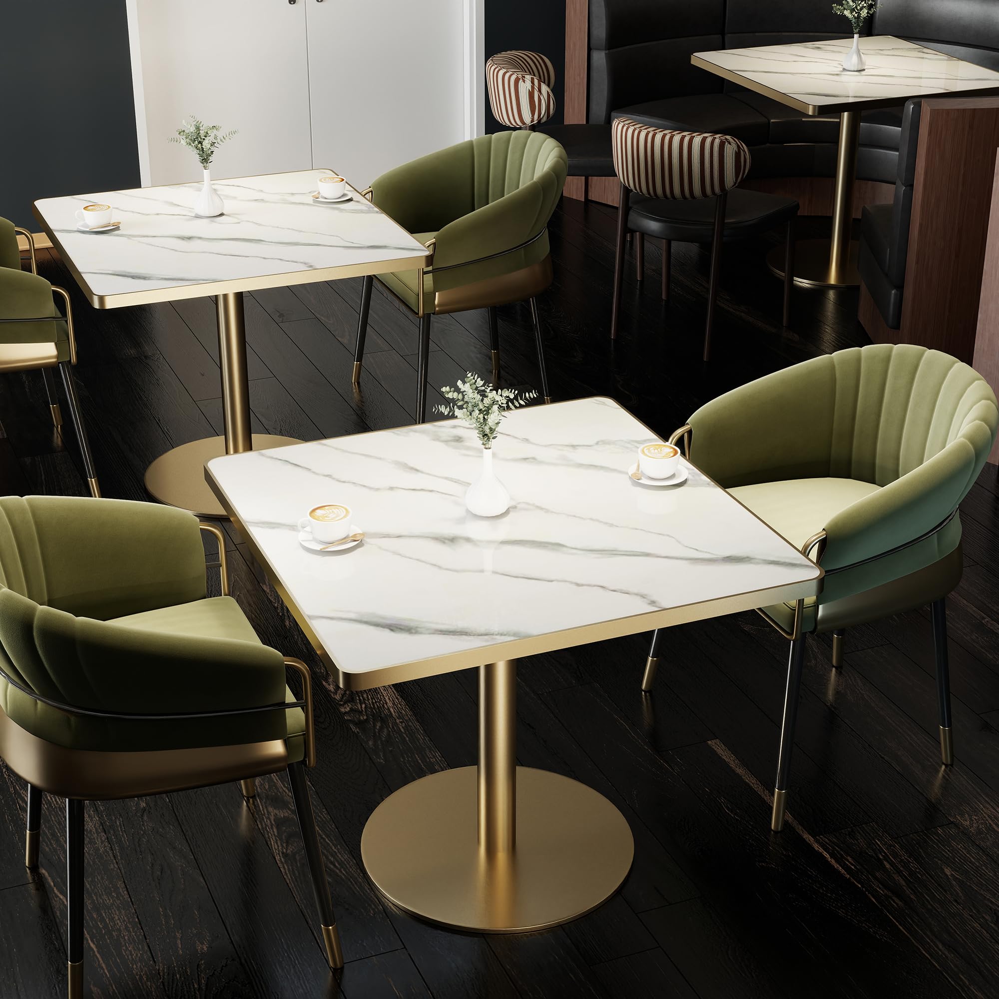 hausway 31.5" Tulip Table,Square Kitchen Dining Table for 2-4 with Thick Sintered Stone Top,Titanium Golden Pedestal Base,Heat-Resistant,Bistro Table for Dining Room,Café,Small Space（Flowing Traces）