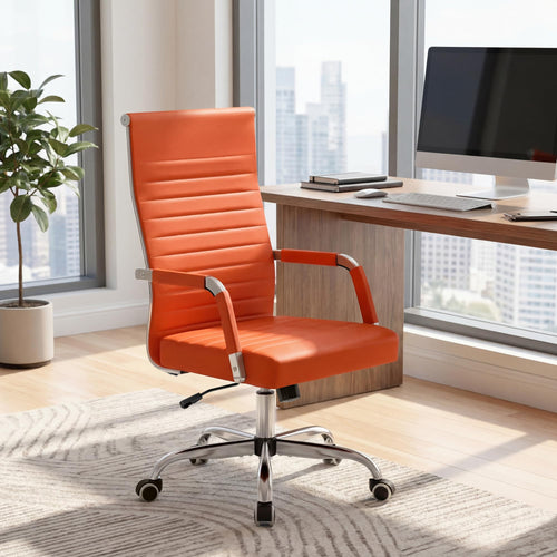 (2, Orange) Ergonomic Office Desk Chair, Executive Ribbed Mid-Back PU Leather Conference Room Chair Adjustable Swivel Chair with Arms