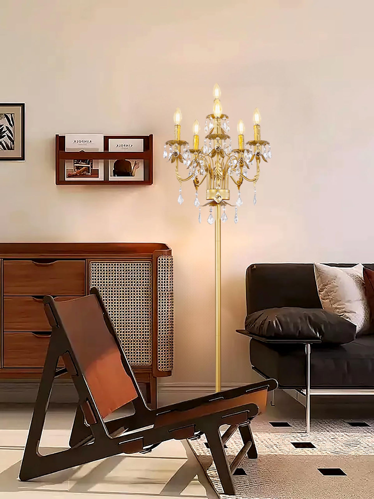 Gold Crystal Floor Lamp, Tall Vintage Standing Living Room Lamp