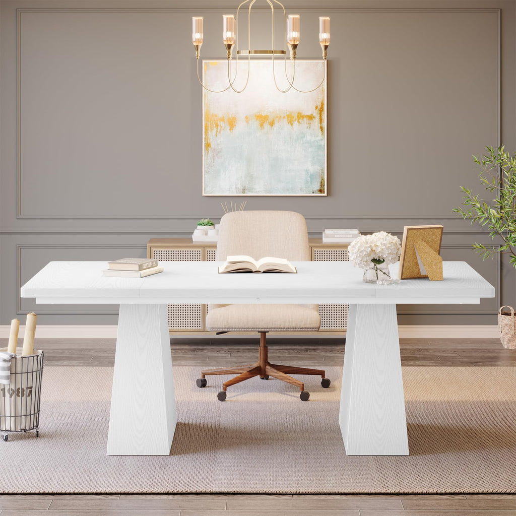 63-Inch Executive Desk, Large Office Computer Desk with Double Pedestal, Modern Simple Workstations Writing Table Conference Table Business Furniture for Home Office, White