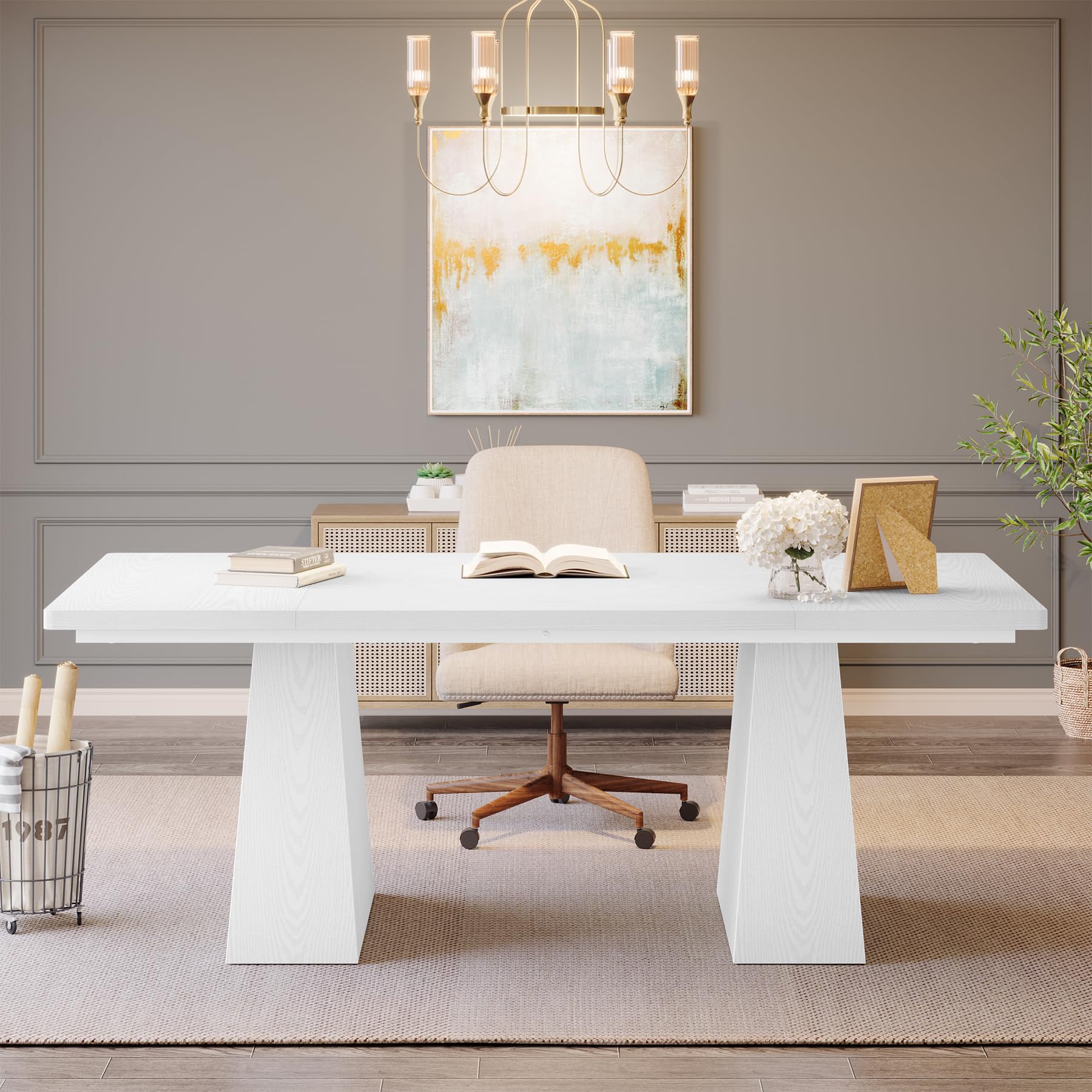 63-Inch Executive Desk, Large Office Computer Desk with Double Pedestal, Modern Simple Workstations Writing Table Conference Table Business Furniture for Home Office, White