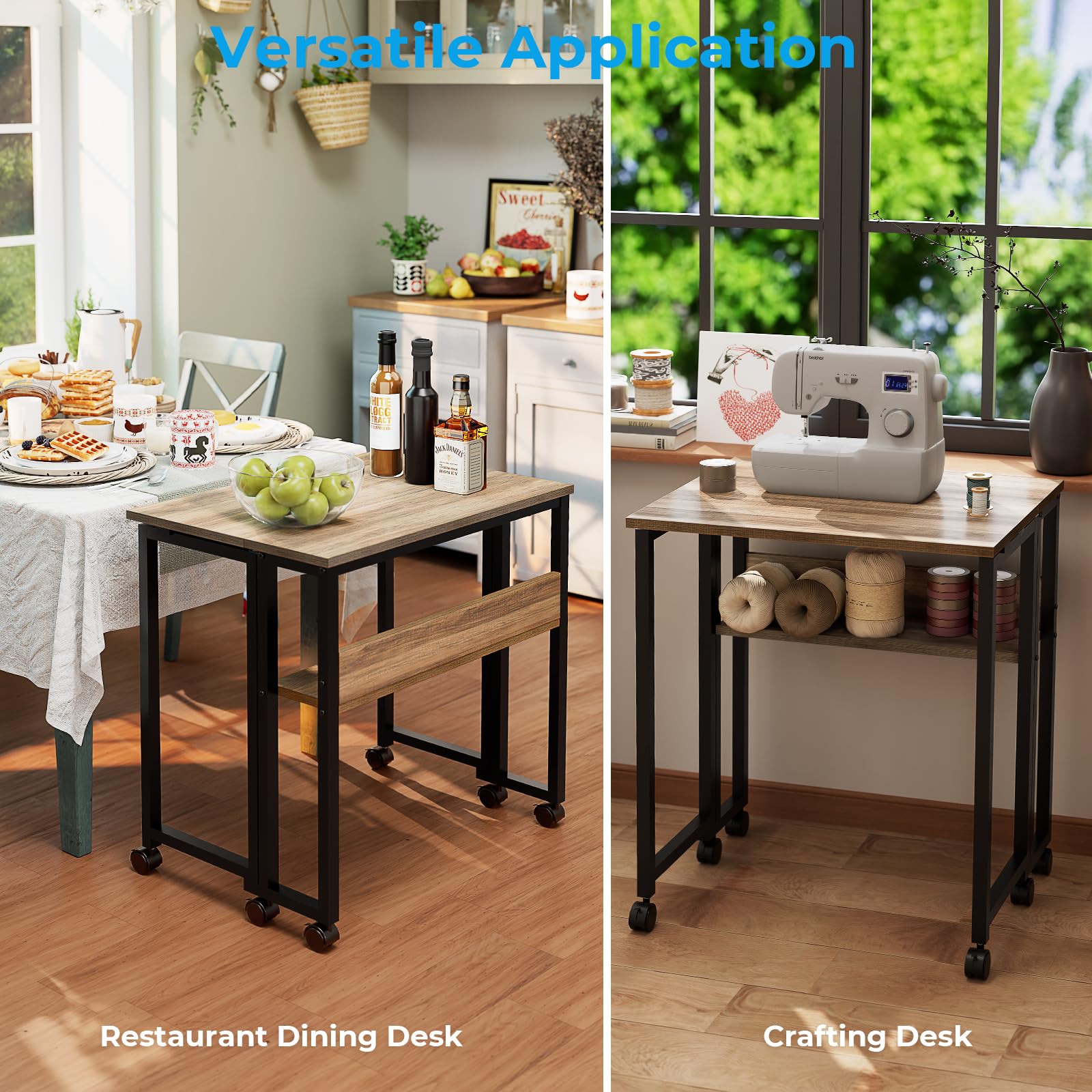 Folding Desk with Wheels, 31.5 Inch Compact Rolling Computer Table with Storage Shelf, Portable Mobile Workstation for Small Spaces, Easy Assembly, Grey Wash