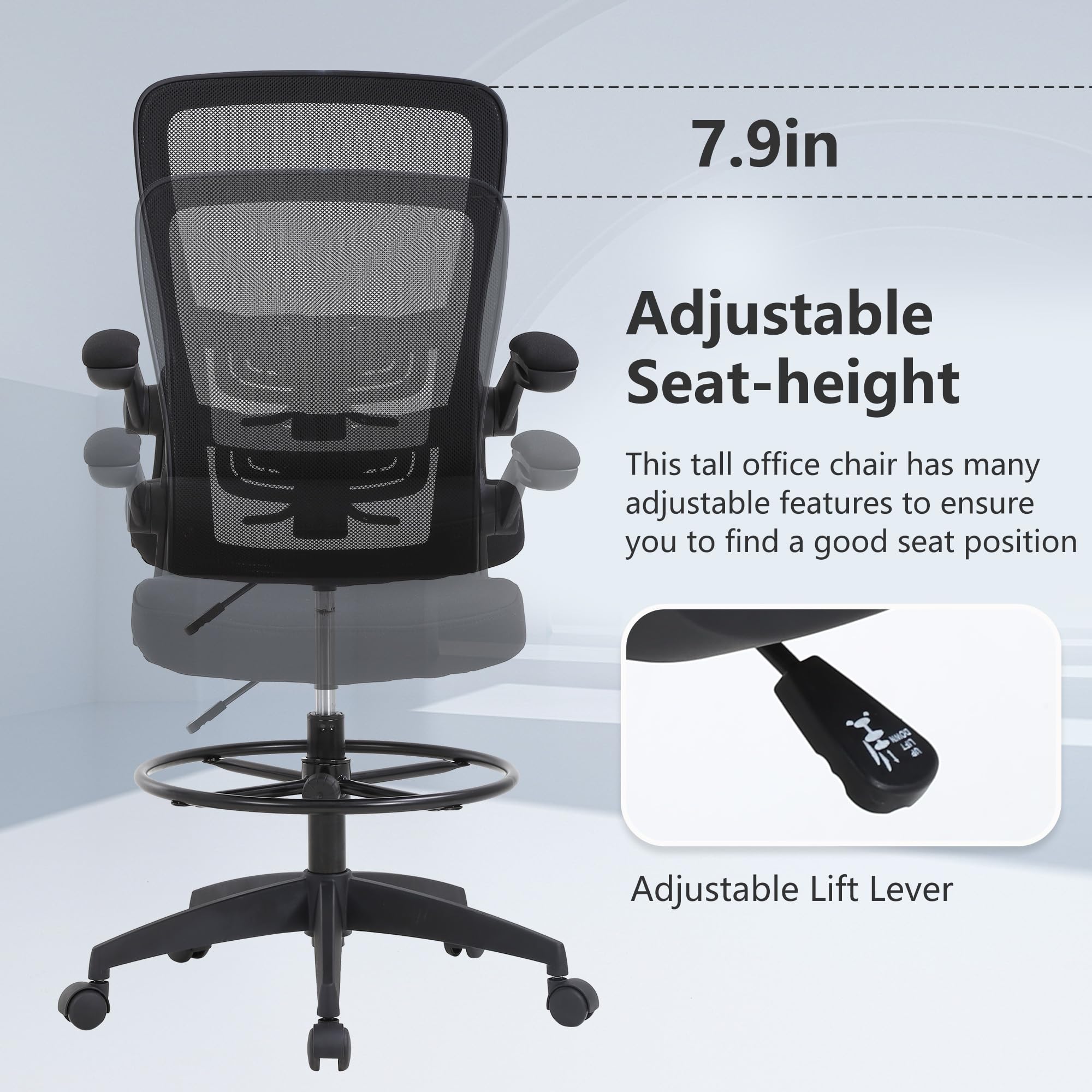 Drafting Chair Tall Office Chair Adjustable Height with Lumbar Support Flip Up Arms Footrest Mid Back Task Mesh Desk Chair Computer Chair Drafting Stool for Standing Desk (B-Black)