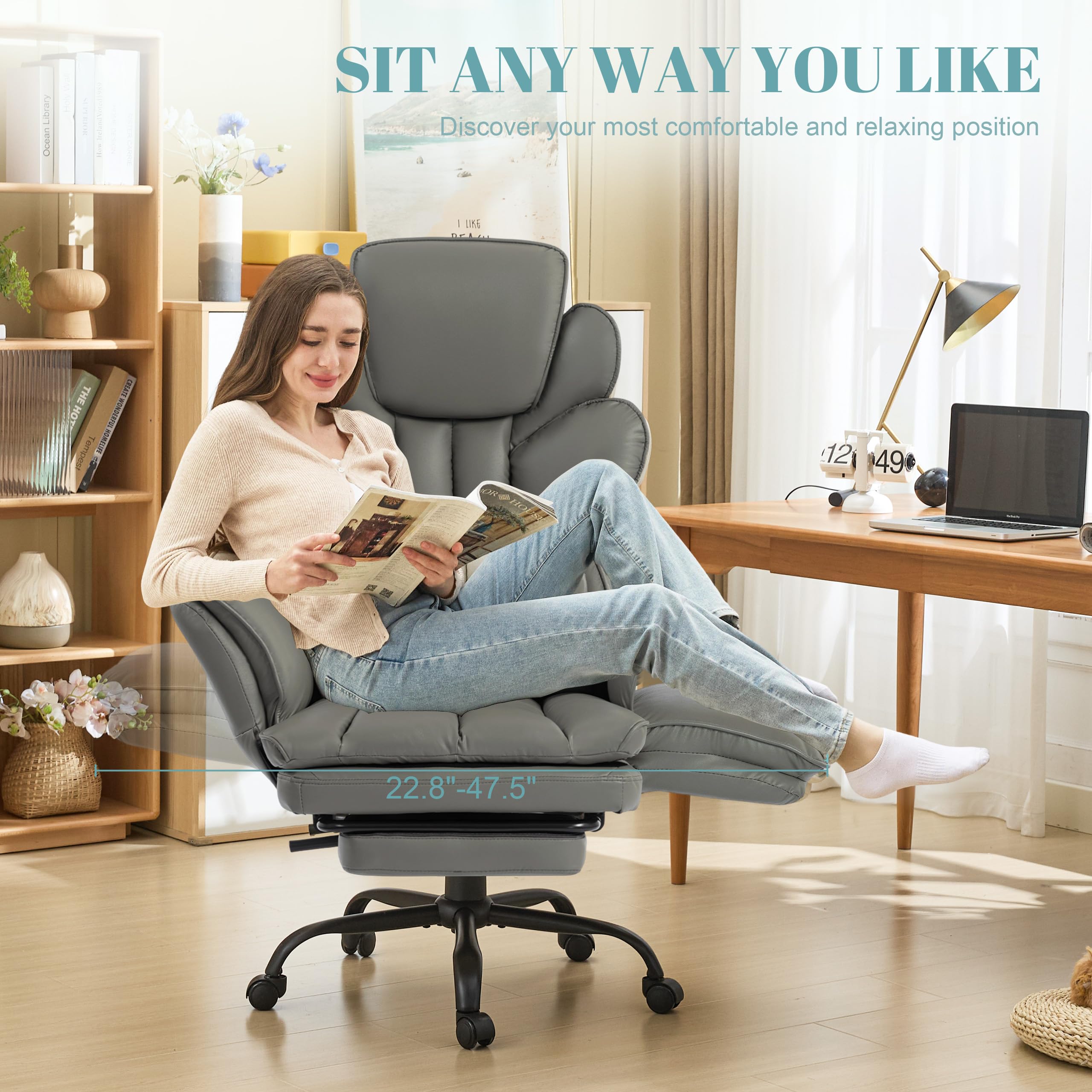 Flip Armrests Criss Cross Office Chair, Reclining Office Chair with Foot Rest, Adjustable Headrest, Massage Waist Pillow, Cross Legged Big and Tall Desk Chair Wide Seat Vanity Chair, PU Leather Grey