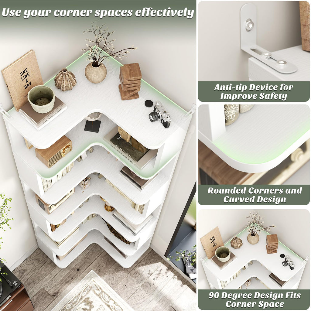 Corner Book Shelf, 7-Shelf L Shaped Corner Bookshelf with Baffle
