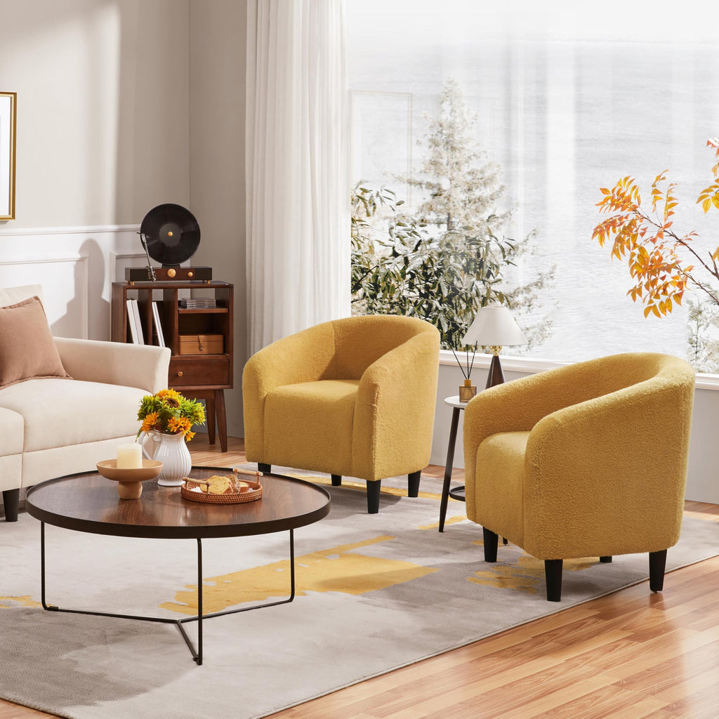 Accent Barrel Chair, Boucle Fabric Club Chair, Furry Sherpa Elegant and Cozy, Soft Padded Armchair for Living Room Bedroom Reception Room Office, Mustard Yellow