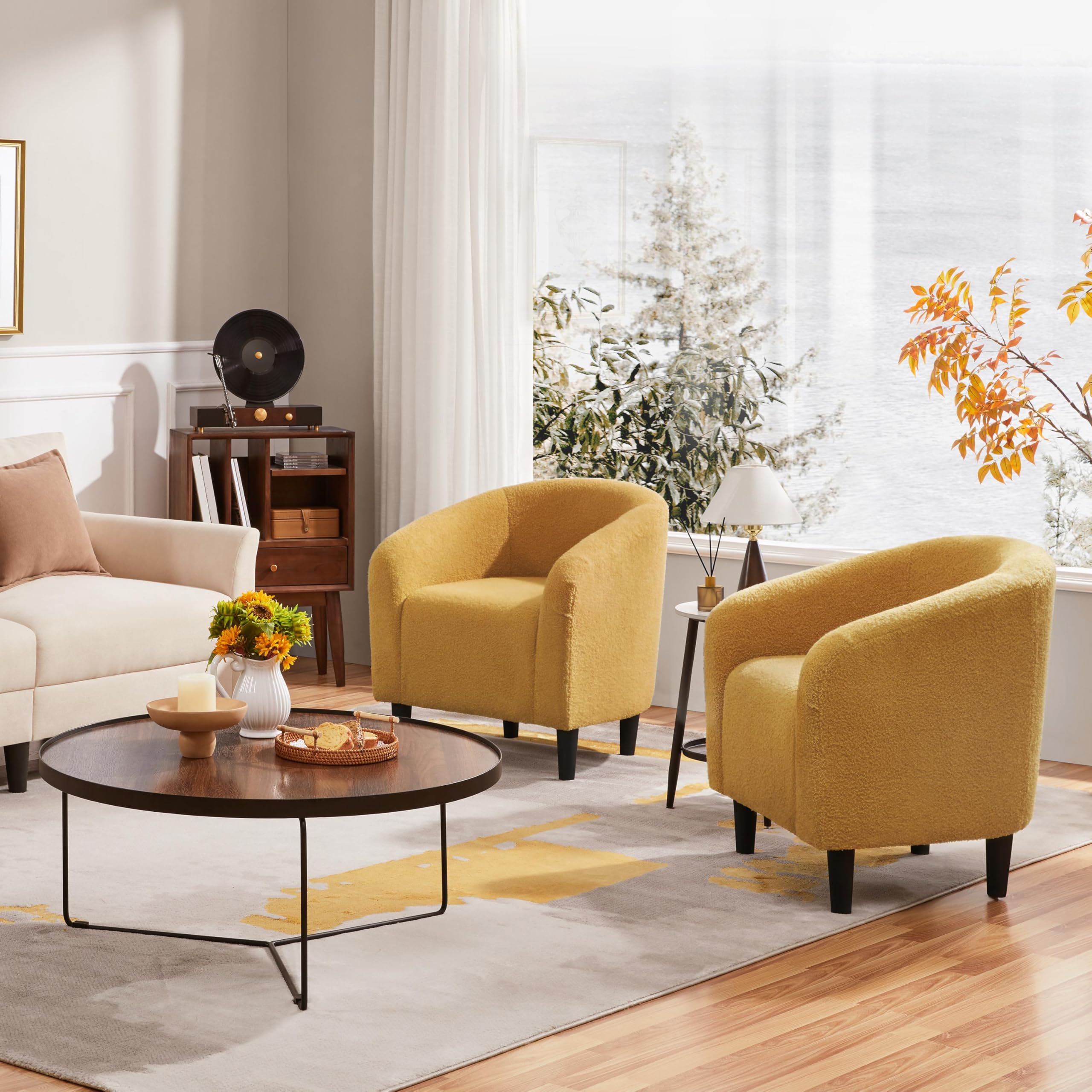 Accent Barrel Chair, Boucle Fabric Club Chair, Furry Sherpa Elegant and Cozy, Soft Padded Armchair for Living Room Bedroom Reception Room Office, Mustard Yellow