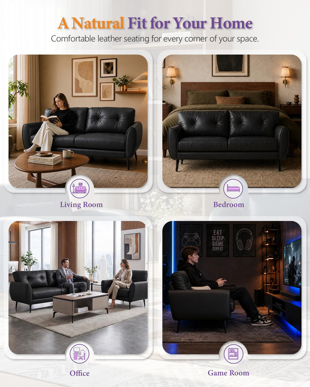 Sofa Couch 61" Small Loveseat Couches for Living Room Leather Couch Mid Century Modern Tufted Mini Sofa Comfy Office 2 Seat Settee Love Seat for Small Spaces Bedroom (3, Black)