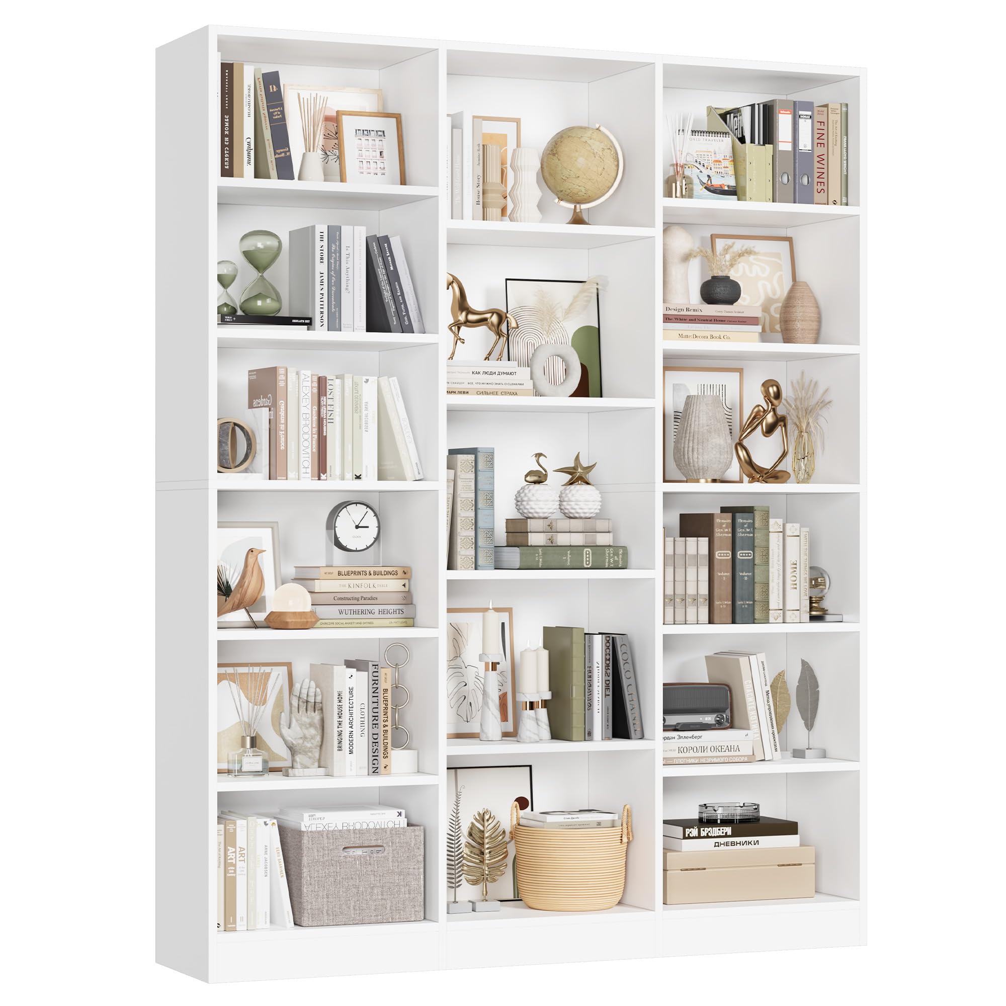 Triple Wide Bookshelf, Large Bookshelf with 17 Display Shelves
