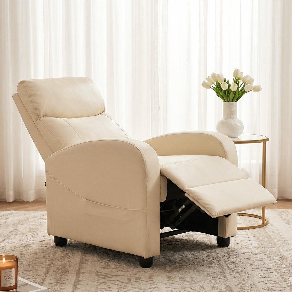 Recliner Chair Fabric Recliner Sofa No Massage, Home Theater Seating with Lumbar Support, Adjustable Push Back Overstuffed High-Density Sponge Reclining for Living Room, Beige