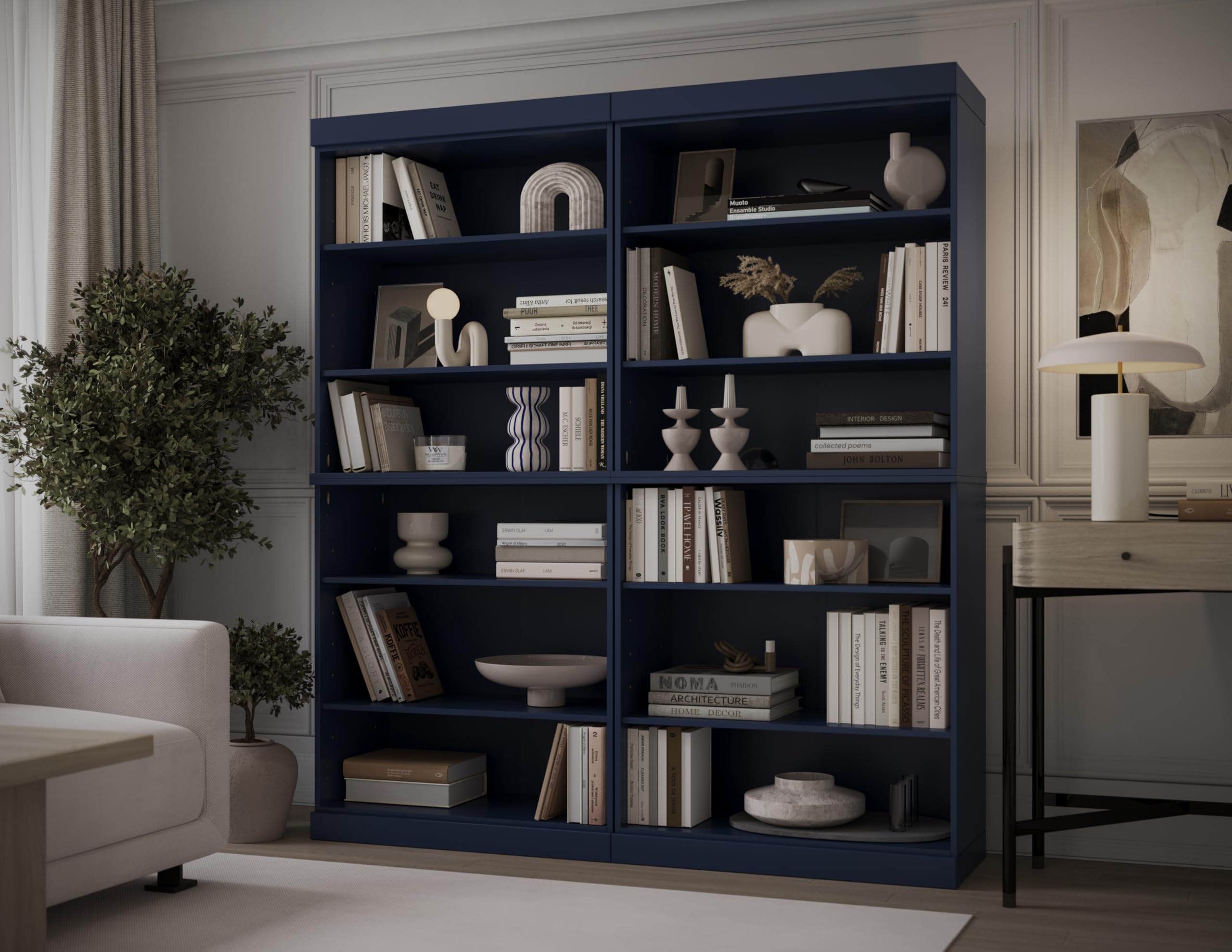 12-Shelf Bookcase, 100% Solid Brazilian Pine Wood, 64" Wide, 71.5" Tall, Navy Blue, Modern Style, Modular Stackable, Adjustable Shelves