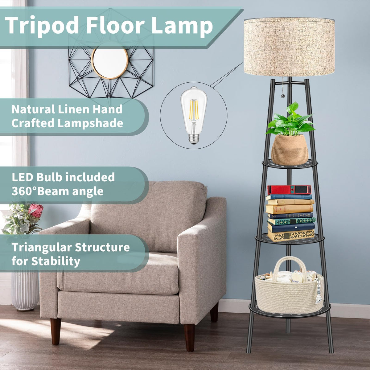 2 PCS Black Floor Lamp with Shelves for Living Room， Standing Lamp，Tall Lamp， Amparas Elegantes para Sala with Linen Shade，Modern Floor Lamp for Living Room，Bedroom or Office（Black ）