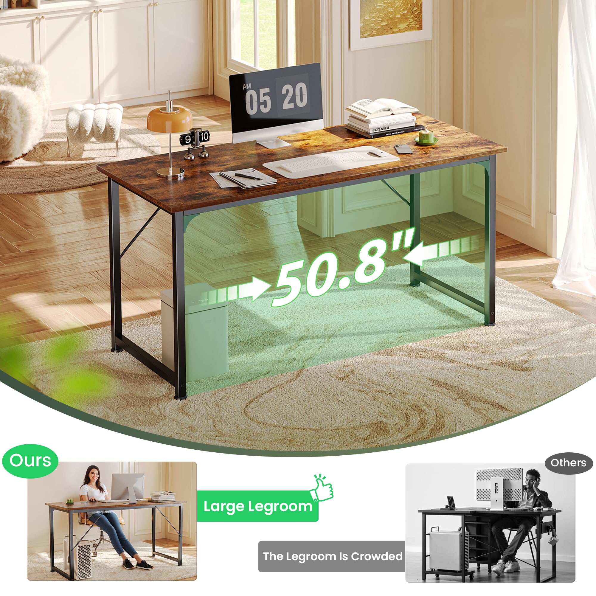 Computer Desk, 55 Inch Home Office Desk, Gaming Writing Work from Home Study Desk, Large Legroom, Sturdy Metal Frame, Modern Simple, Rustic Brown
