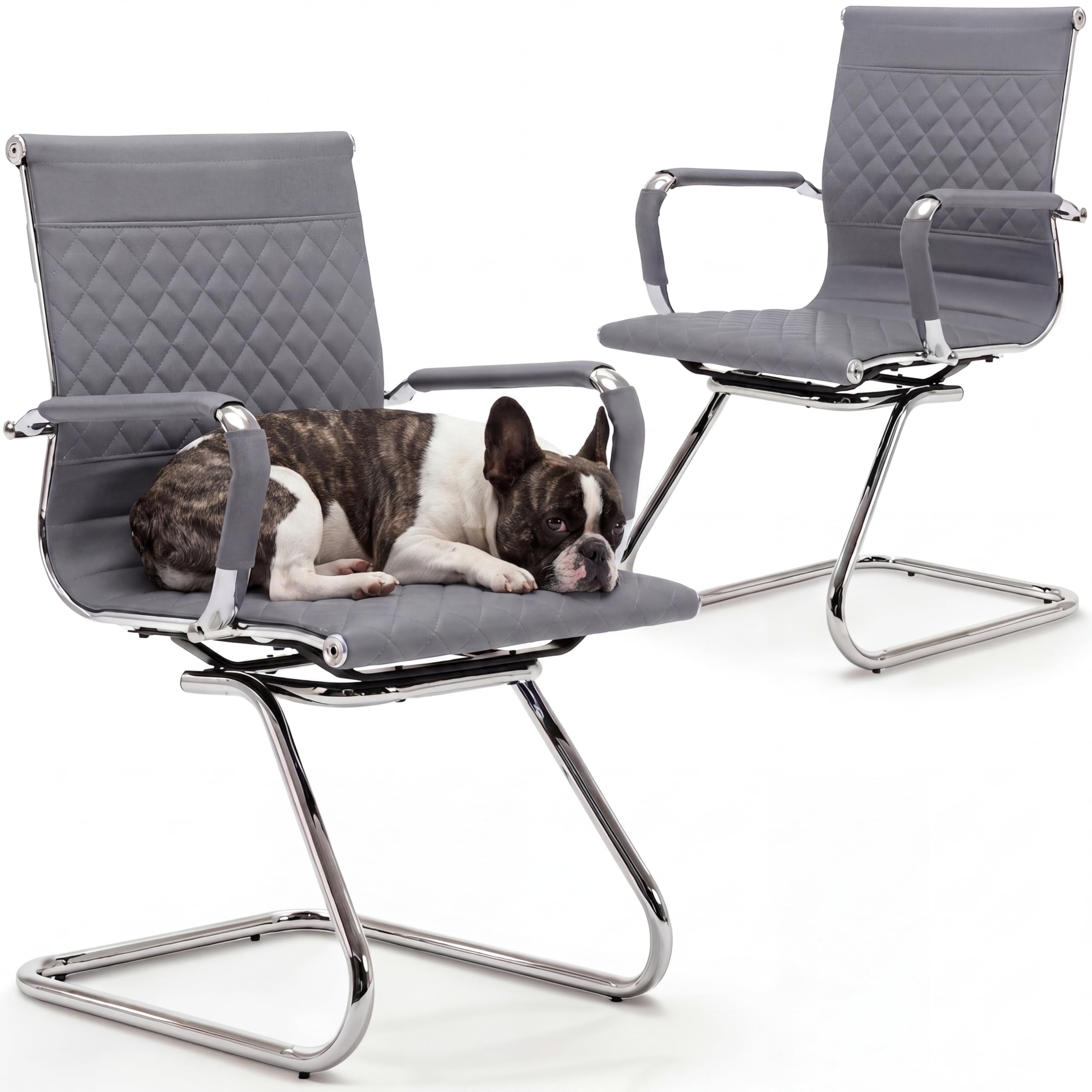 Office Chairs Set of 2 - PU Leather Chairs with Arms - Desk Chair No Wheels 400LB Capacity Sled Base, Modern Conference Chair for Home Office, Lobby, Salon Grey