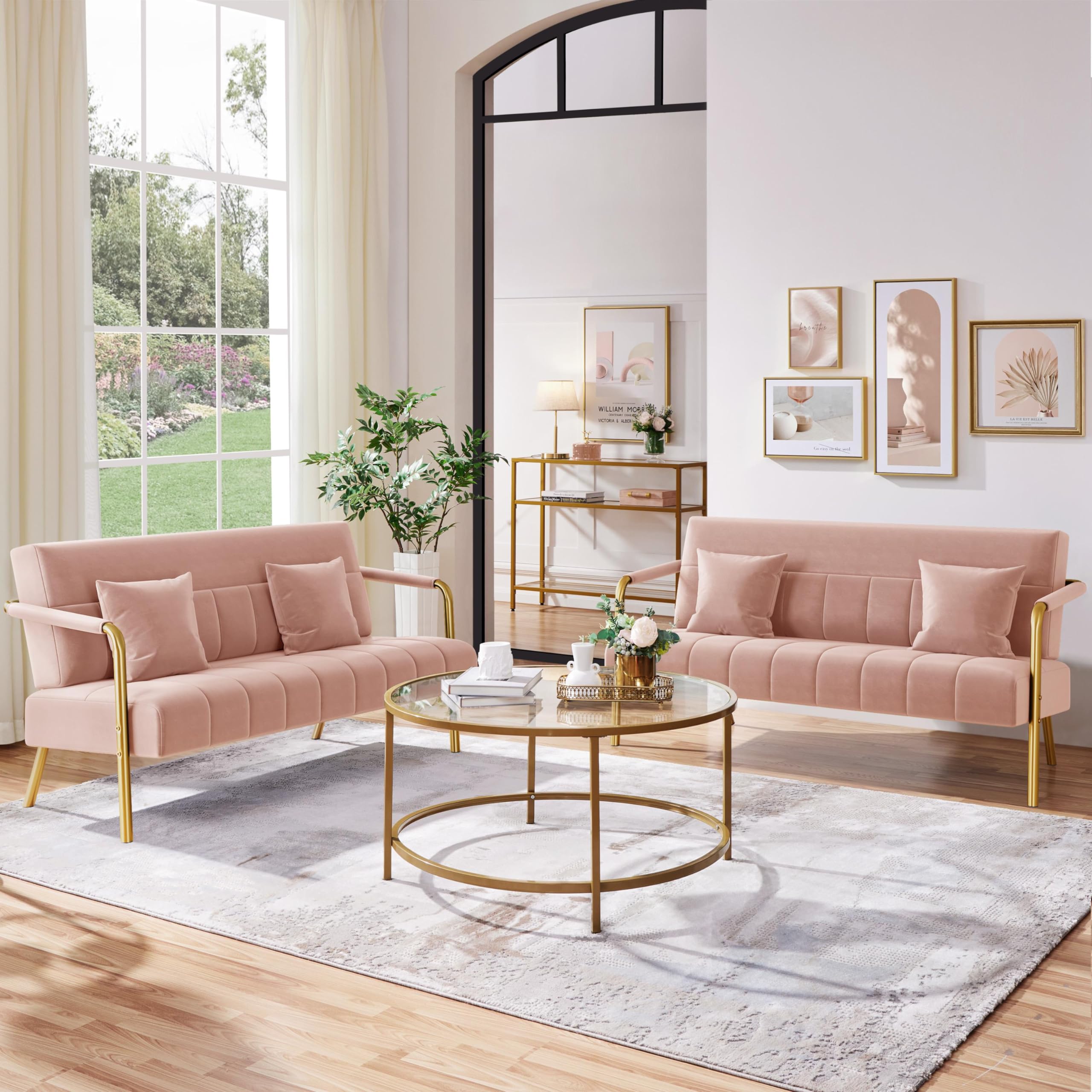 56.5" W Modern Sofa Small Sofa Luxurious Velvet Fabric Couch with Gold-Tone Metal Arms and Legs for Living Room, Office, Studio Pink