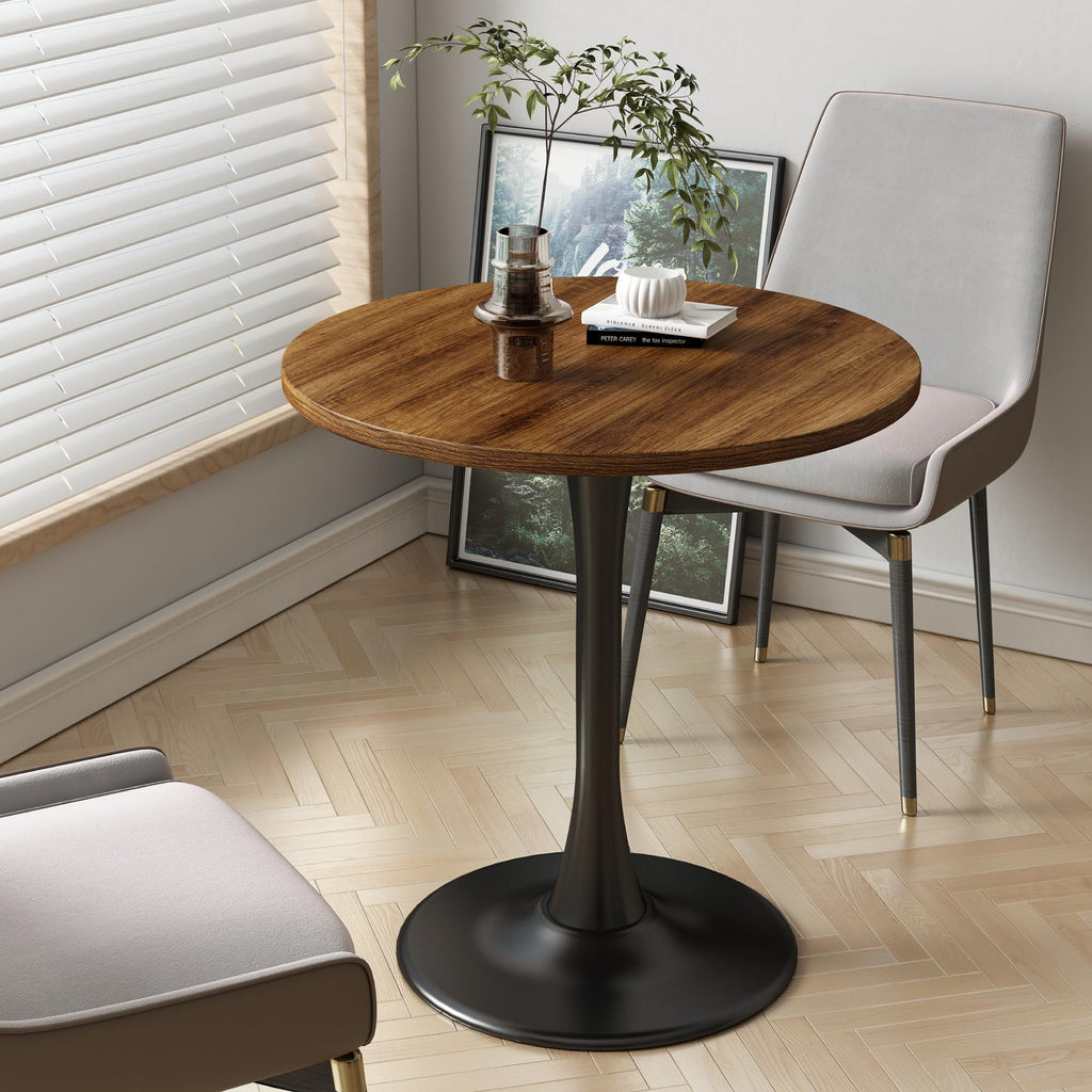 Kasinali Round Dining Table 27.5" Circle Tulip Table with Wood Thickened Tabletop & Sturdy Metal Pedestal Mid Century Modern Farmhouse Kitchen Tables for 4 Small Places Living Room Cafe,Somber Walnut