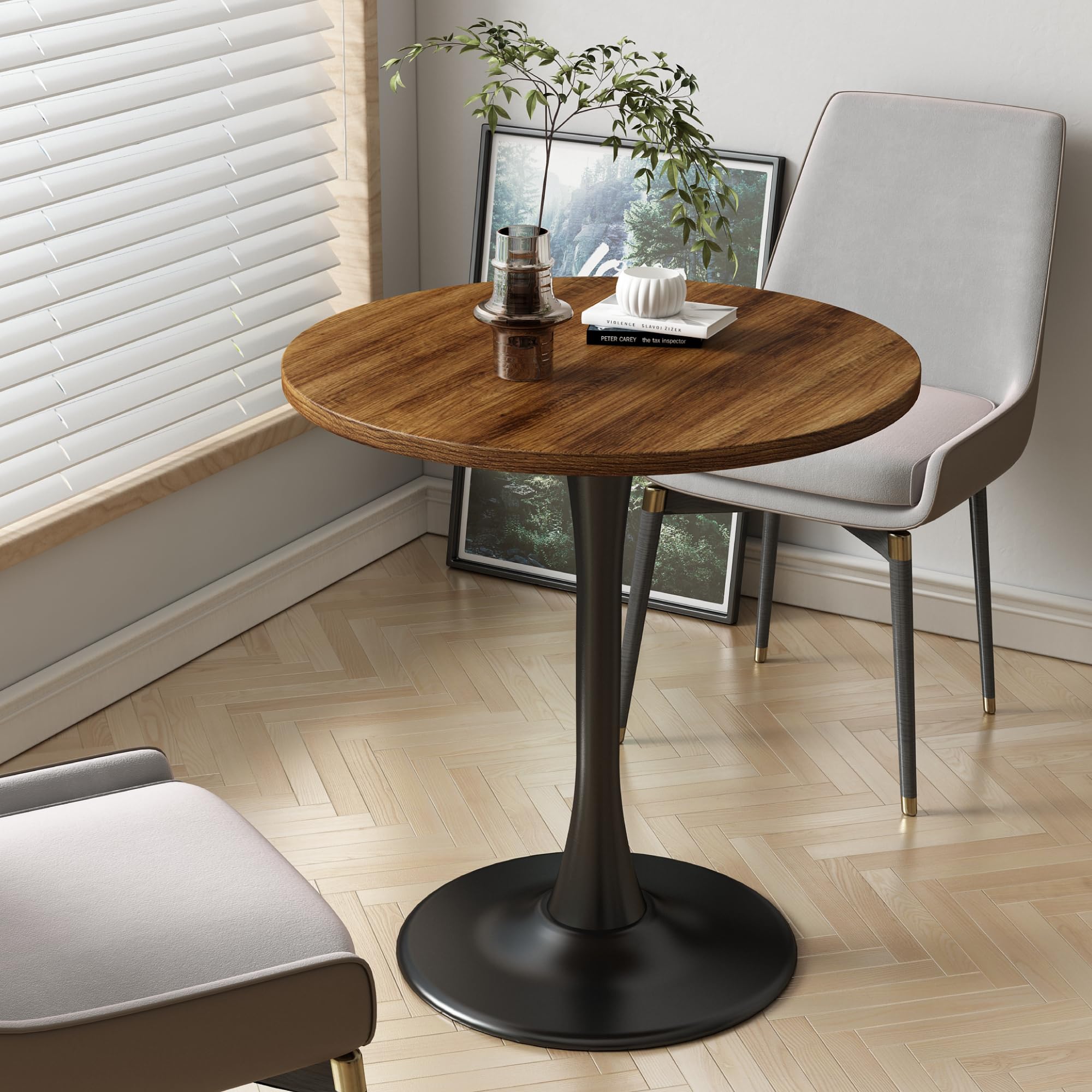 Kasinali Round Dining Table 27.5" Circle Tulip Table with Wood Thickened Tabletop & Sturdy Metal Pedestal Mid Century Modern Farmhouse Kitchen Tables for 4 Small Places Living Room Cafe,Somber Walnut