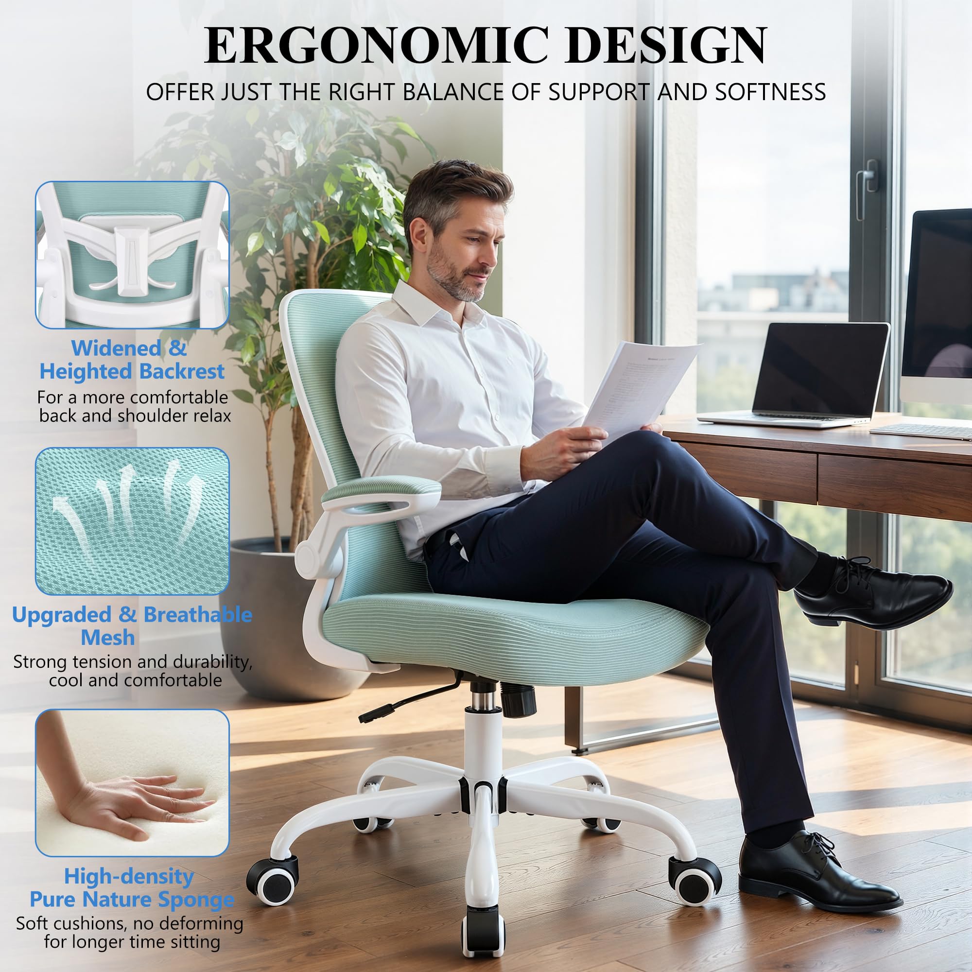 Office Chair, Ergonomic Desk Chair Breathable Mesh Chairs Adjustable High Back Lumbar Support Flip-up Armrests, Executive Rolling Swivel Comfy Computer Chairs Home Office Light Blue